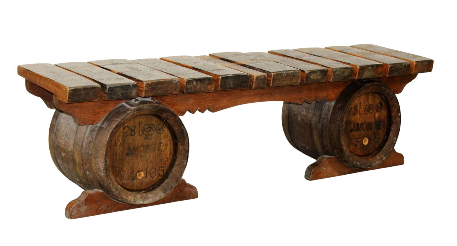 Large French brasserie bench with slatted oak seat on oak barrels (1 of 12)
