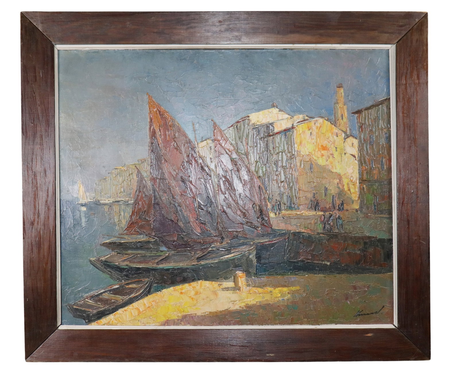 French impressionist style oil on canvas depicting boats: French impressionist style oil on canvas depicting boats. Signed lower right illegibly. Overall framed size 26"h x 30 1/4"w, sight size 21"h x 25 1/4"w. Weight: 5 1/2 lbs