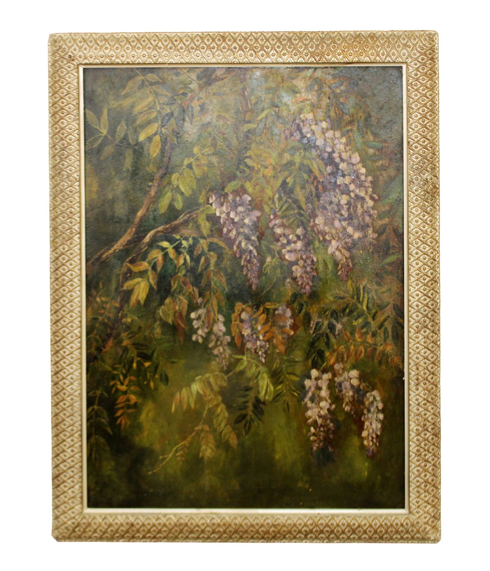 Oil on board painting wisteria: Oil on board painting wisteria. Sight 38 3/8"h x 27 1/4"e Framed 45"h x 33 1/4"w