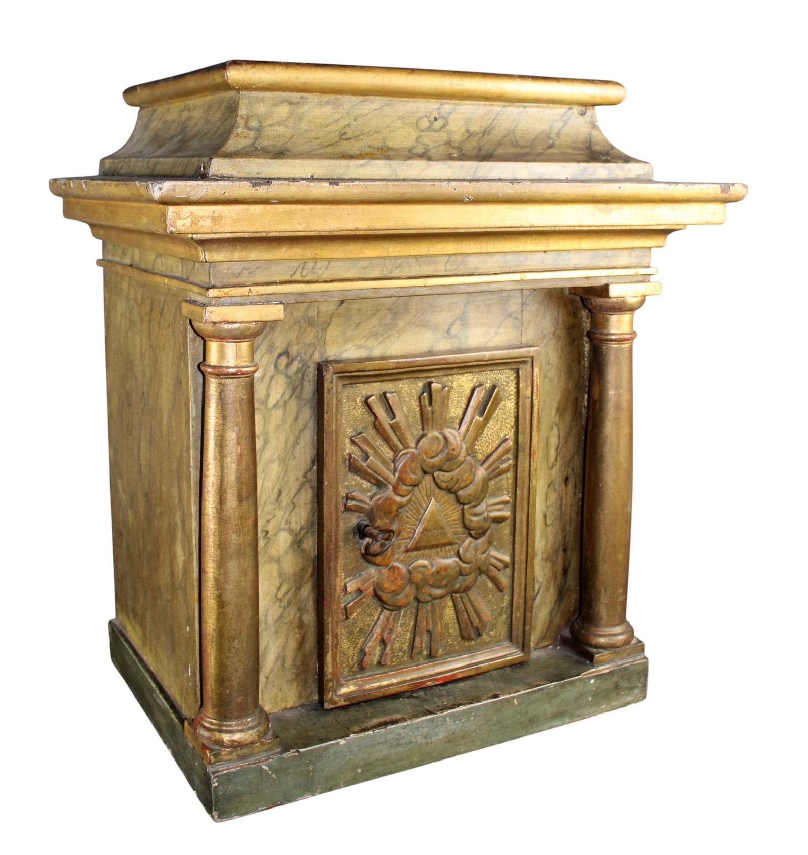 French tabernacle cabinet with painted finish: French tabernacle cabinet with faux marble painted finish. 19th century. 23 1/2"h x 21 1/4"w x 15 1/4"d