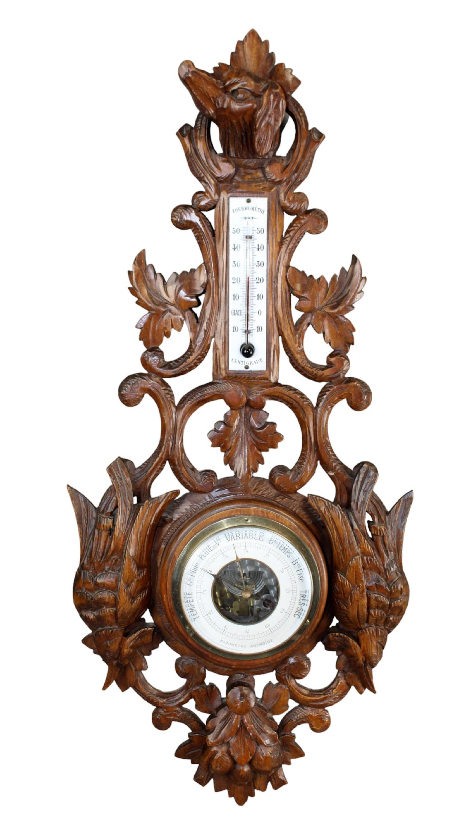 French carved walnut barometer with game (1 of 10)