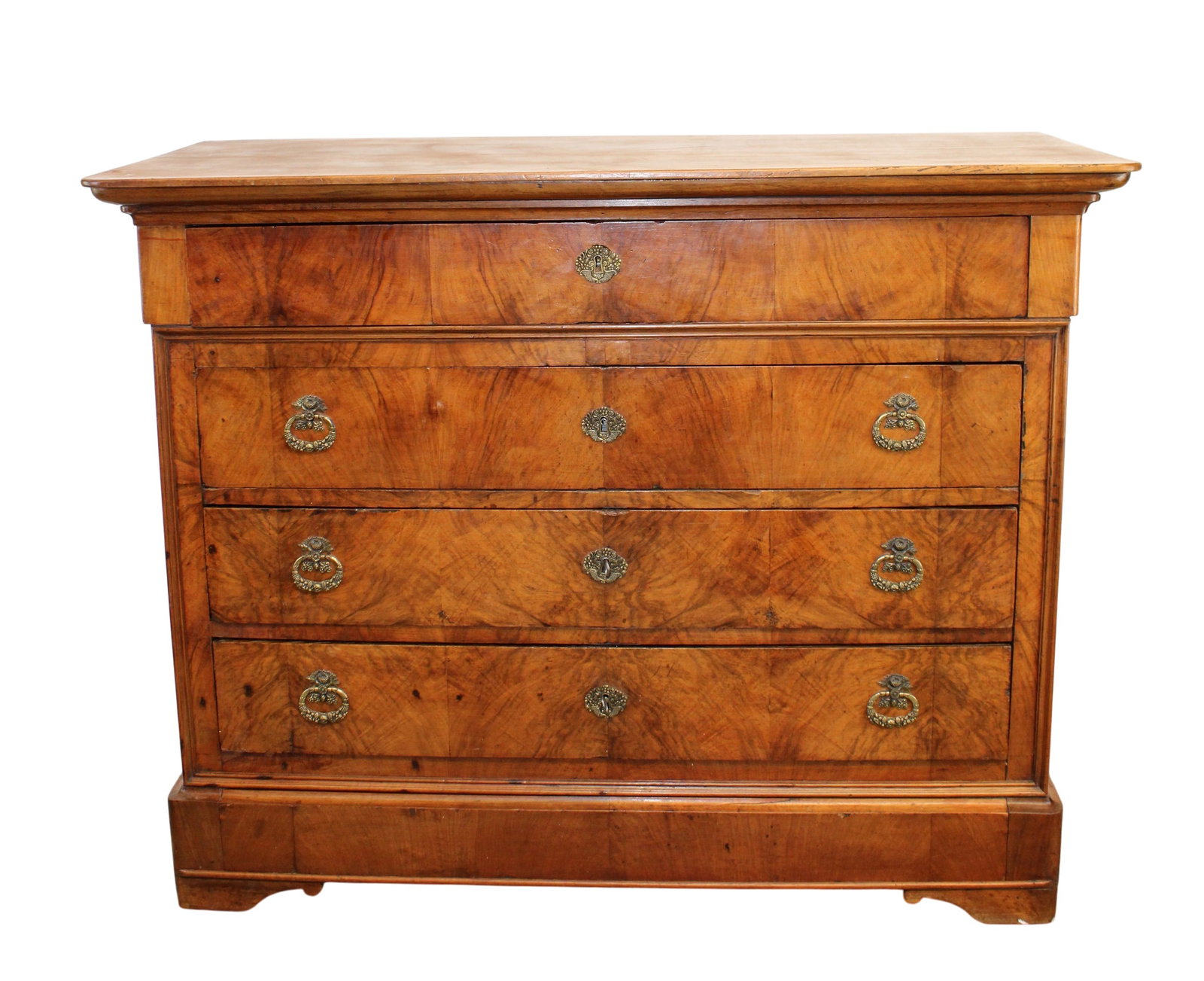 French Louis Philippe commode in walnut with burled drawer fronts and ornate ring pulls. (1 of 7)