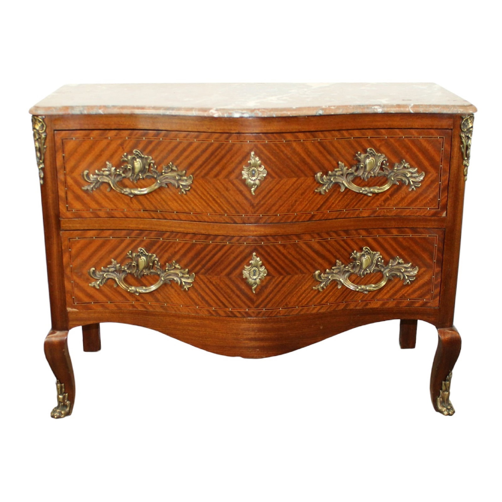 French Louis XV style 2 drawer marquetry commode with marble top (1 of 11)