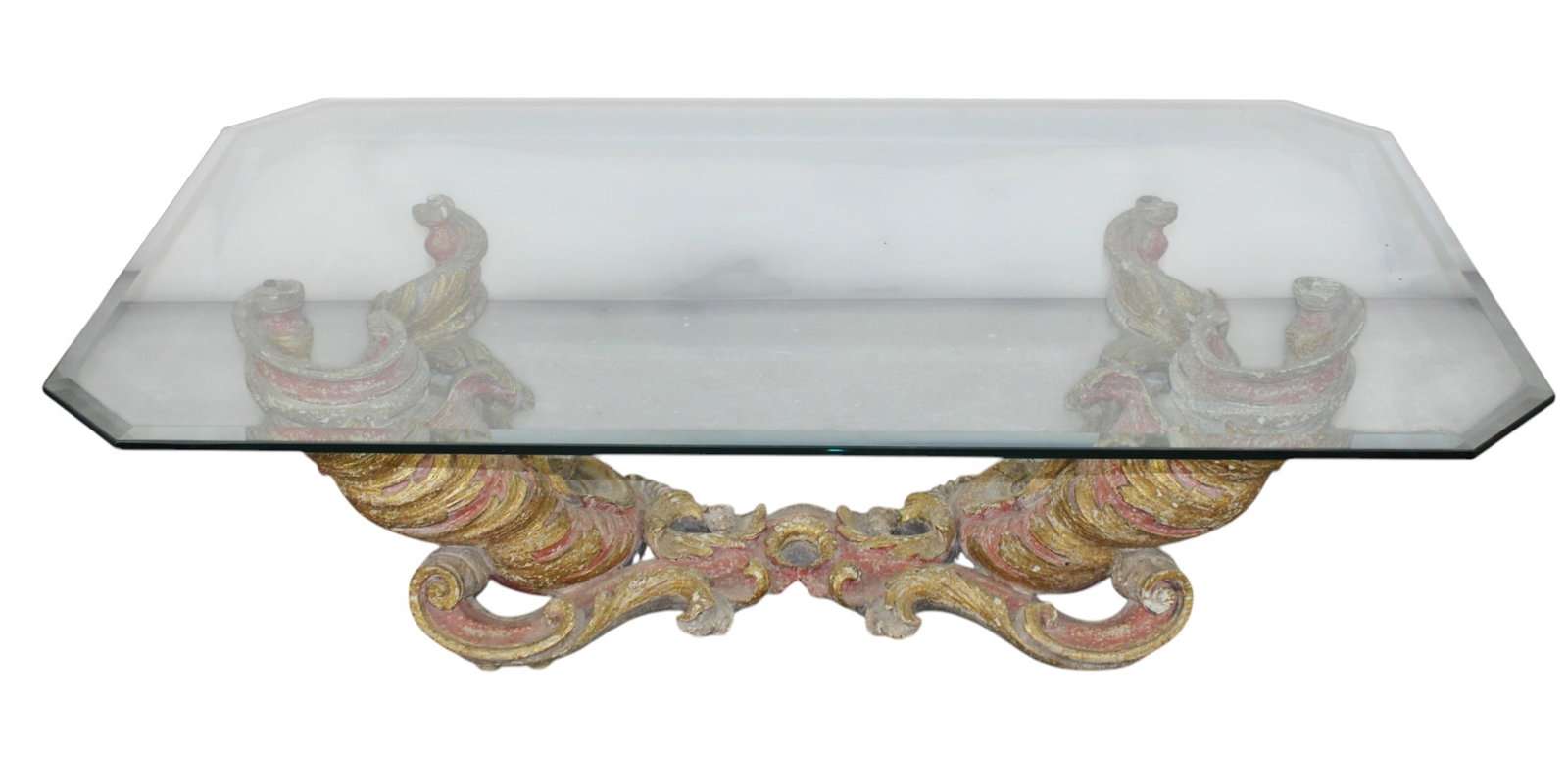 Italian polychrome wooden fragment mounted as coffee table with glass top: Italian polychrome wooden fragment mounted as coffee table with beveled glass top. 17 1/8"h x 59"l x 35 1/4"w
