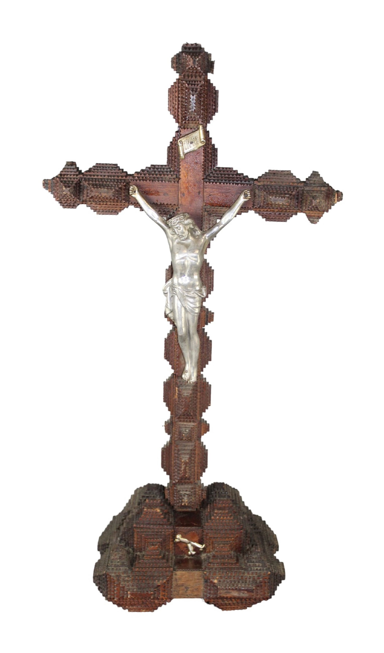 French Tramp Art crucifix with silverplate Jesus (1 of 11)