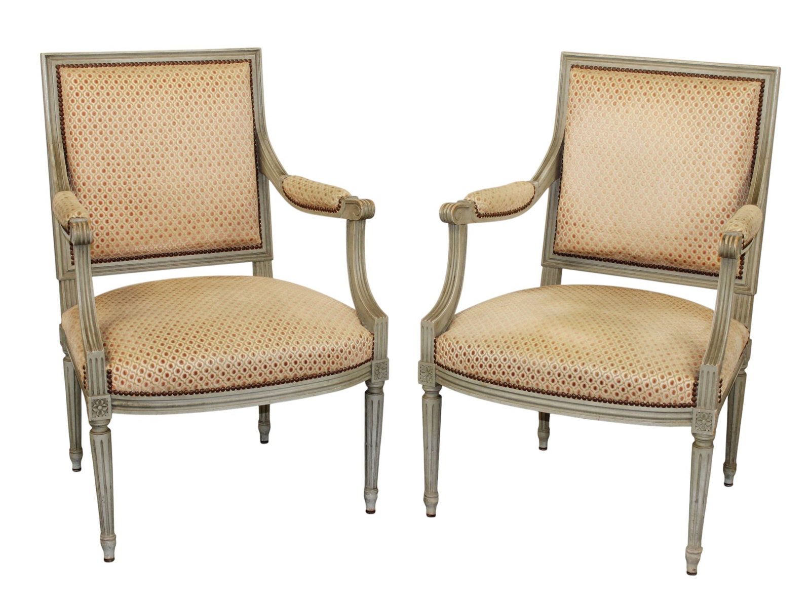Pair of French Louis XVI upholstered armchairs with painted finish: Pair of French Louis XVI upholstered armchairs with painted finish. 37 1/2"h x 25"w x 25"d Seat 18"h