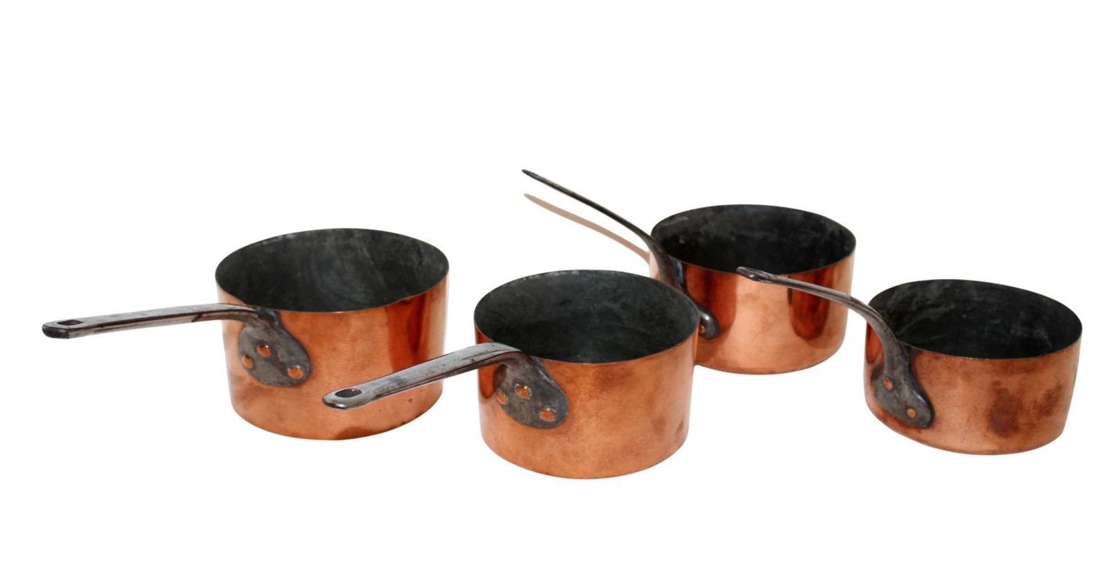 Set of 4 French copper sauce pans: Set of 4 French copper sauce pans.7 1/2"h x 16"w x 8"dia - 5 3/4"h x 10 1/2"w x 5 5/8"dia. Weight: 10lbs total