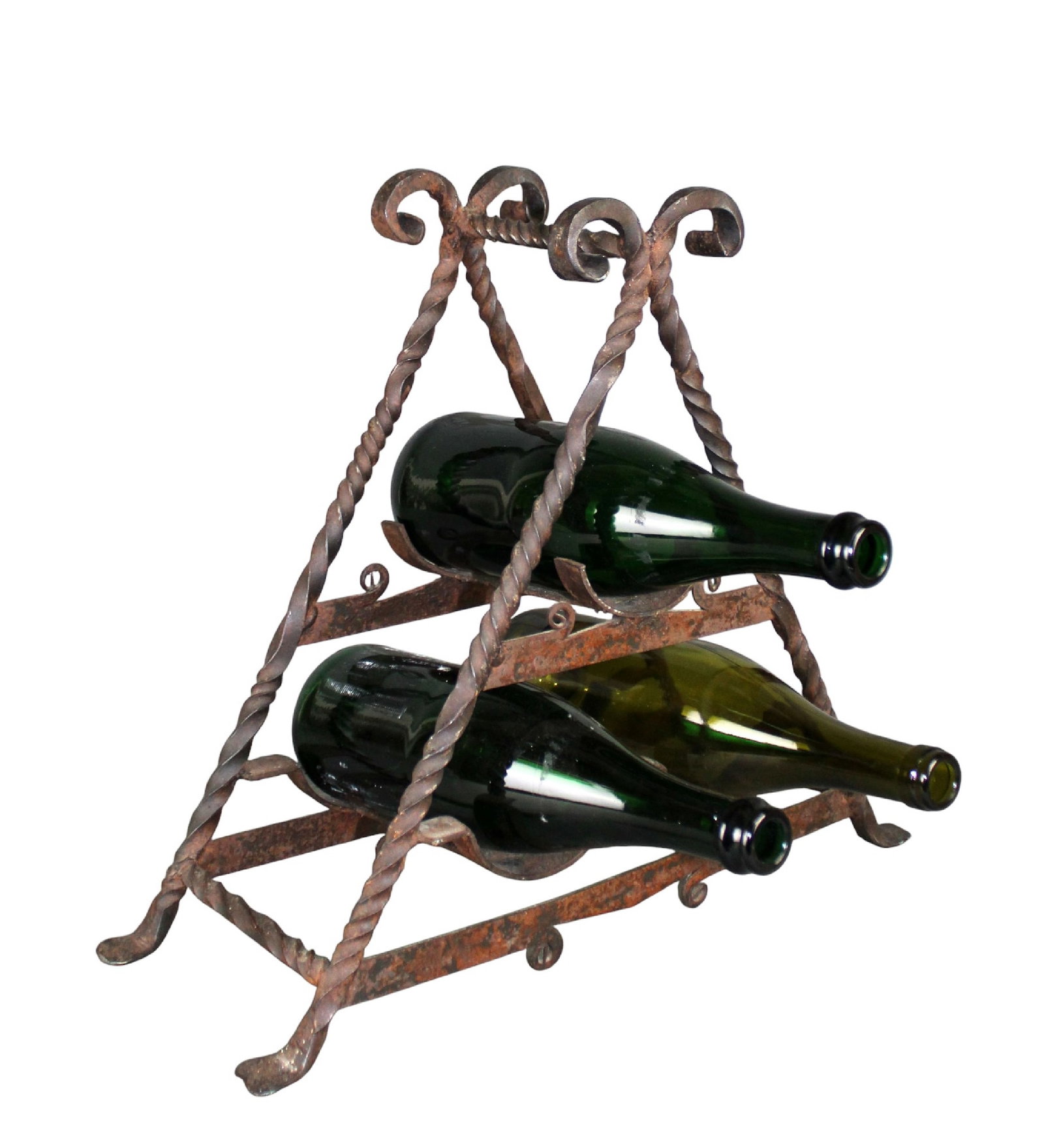 French wrought iron wine bottle holder: French wrought iron wine bottle holder. Mid 20th century. 14 7/8"h x 17"w x 6 5/8"d Weight: 7lbs