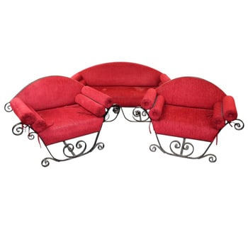 French Art Deco 3 piece wrought iron salon set: French Art Deco 3 piece wrought iron salon set. Mid 20th century. Sofa measures 77"l x 30"d, seat height 18", Chairs 34"h x 48"w x 30"d, seat height 18"