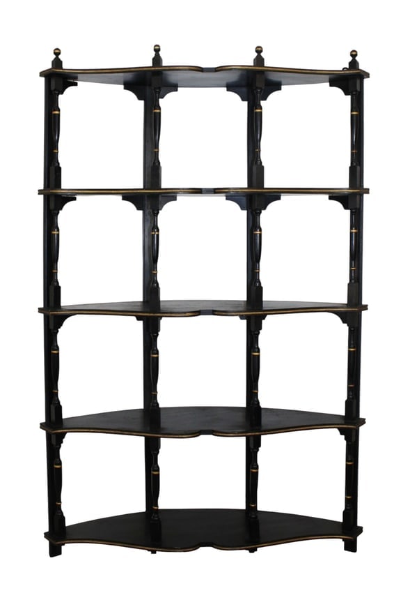 French Napoleon III curved back corner tiered wall shelf etagere: French Napoleon III curved back corner tiered wall shelf etagere. Black lacquer. Late 19th century. 54 1/4?h x 32 1/2?w x 9 5/8?d.