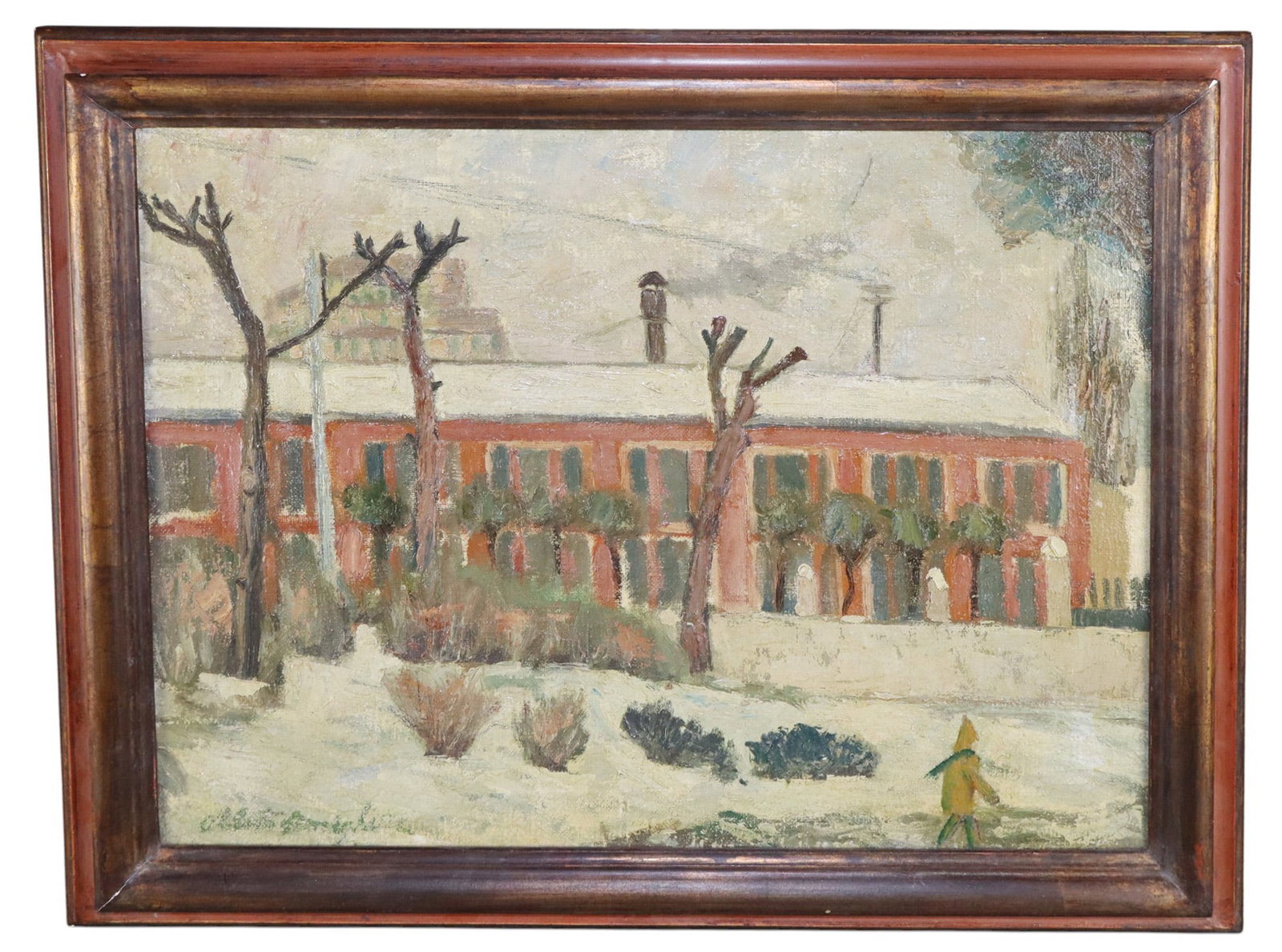 Italian impressionist oil on canvas painting winter landscape: Italian impressionist oil on canvas painting winter landscape. Signed lower left illegibly. Overall framed size 17 1/4"h x 21"w, sight size 12 5/8"h x 17 3/8"w. Weight: 2lbs