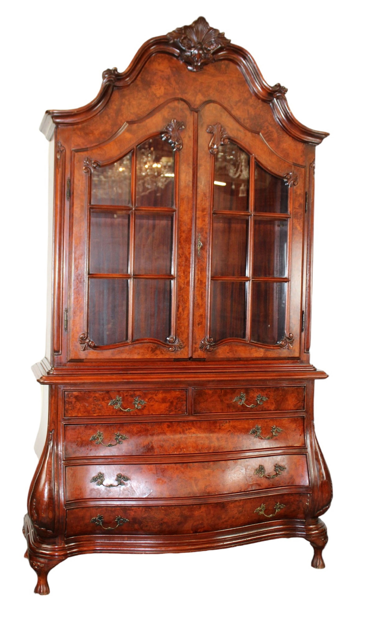 Dutch vitrine on bombe commode in mahogany with paned glass upper doors. (1 of 10)