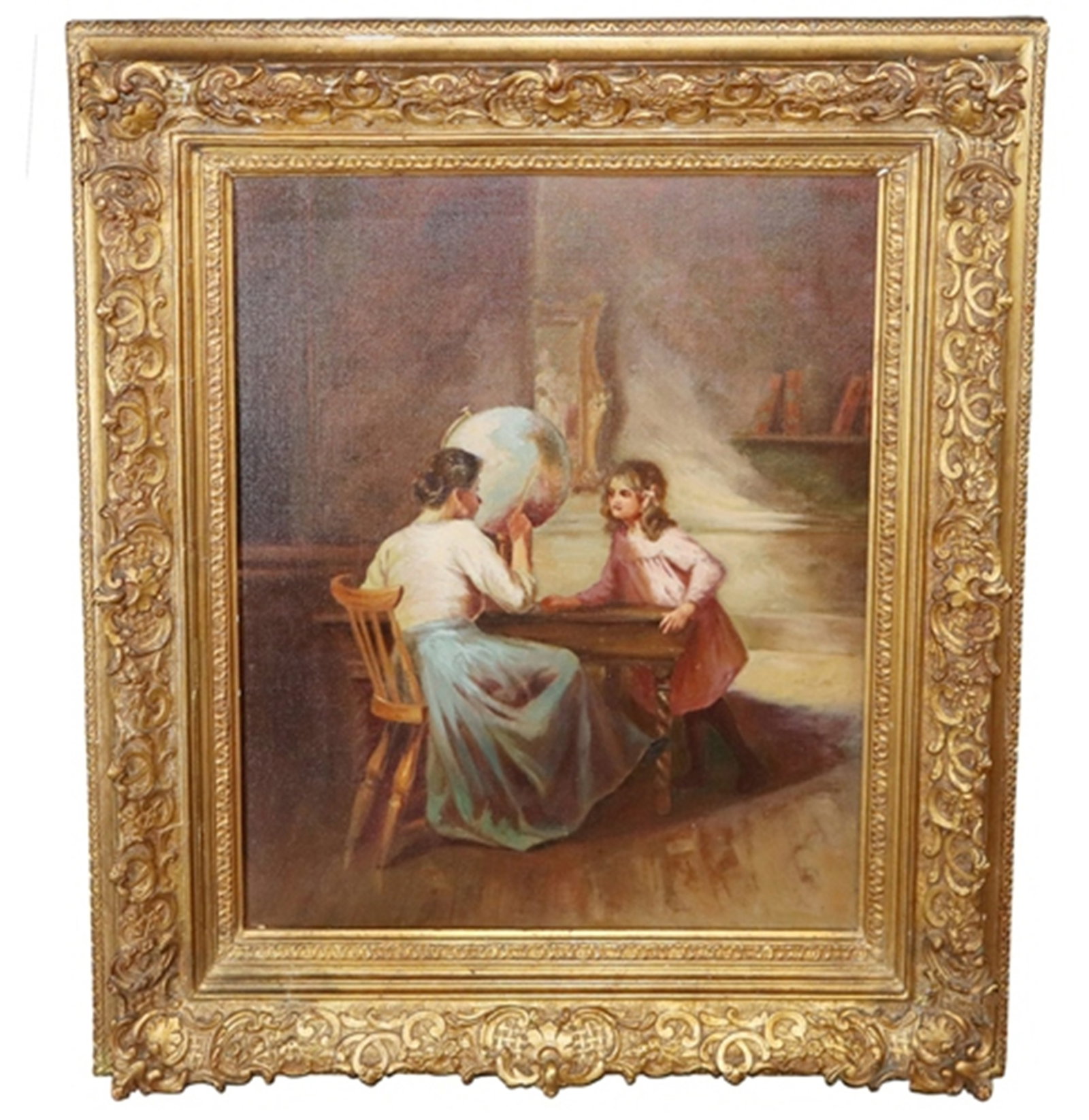 French oil on canvas painting "Geography Lesson": French oil on canvas painting "Geography Lesson" depicting teacher and student. Apparently unsigned. Gilt wood frame. Overall framed size 26 7/8"h x 22 3/4"w. Canvas size 19 7/8"h x 17"w. Weight: