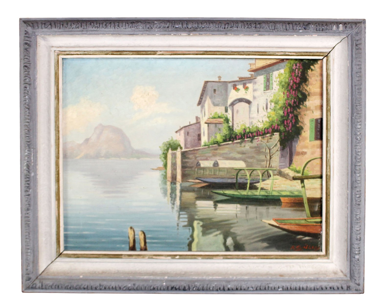 Continental oil on canvas painting of waterfront scene: Continental oil on canvas painting of waterfront scene. In painted frame. Signed Lower right R.Gillard. Mid 20th century. Overall framed size 21"h x 25 1/2"w, sight size 14 3/4"h x 19 3/8"w. Weight: 5