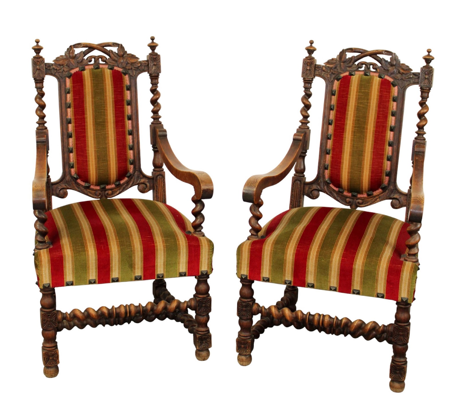 Pair of French Louis XIII armchairs in oak: Pair of French Louis XIII armchairs in oak with carved oak leaves and barley twist supports. 45"h x 25 1/2"w x 23"d, seat height 19"