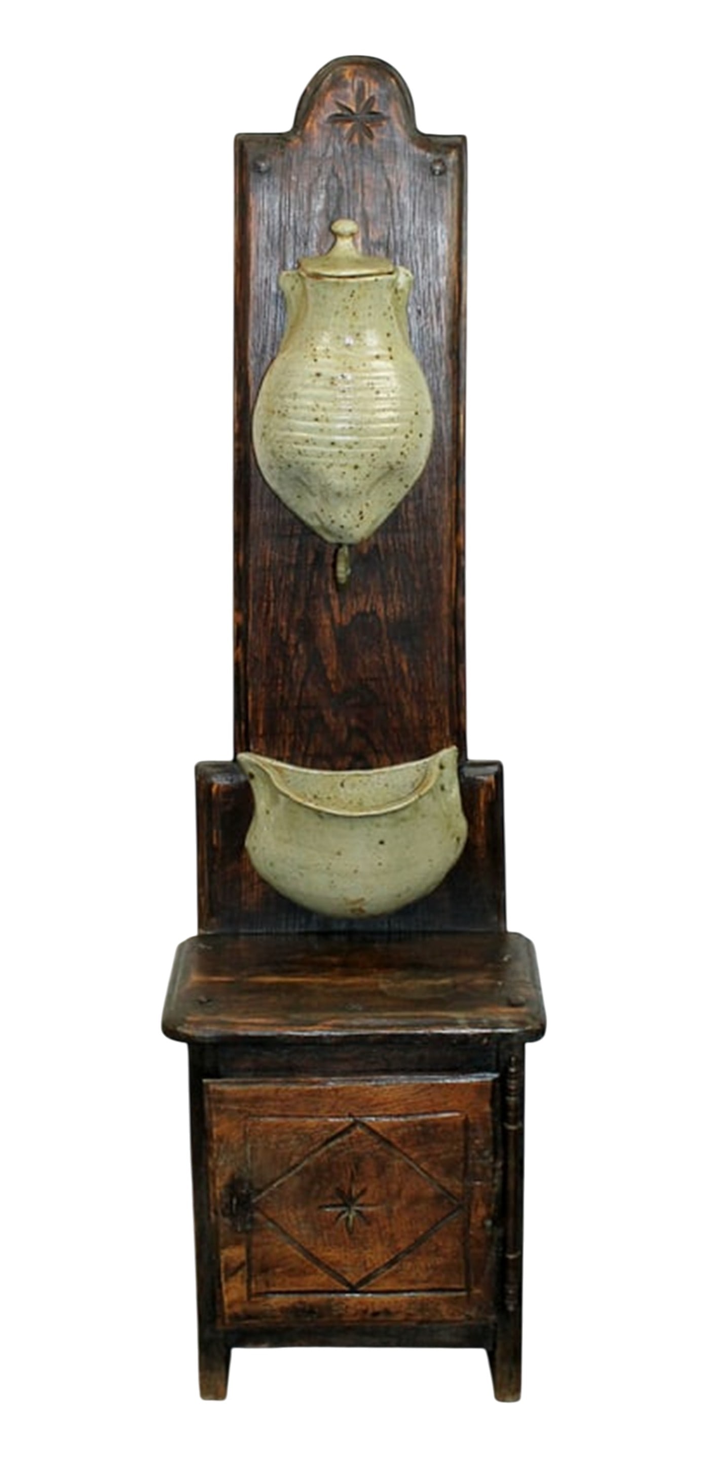 French Provincial pottery lavabo on oak cabinet.: French Provincial pottery lavabo on oak cabinet. 19th century. 57"h x 16"w x 15"d
