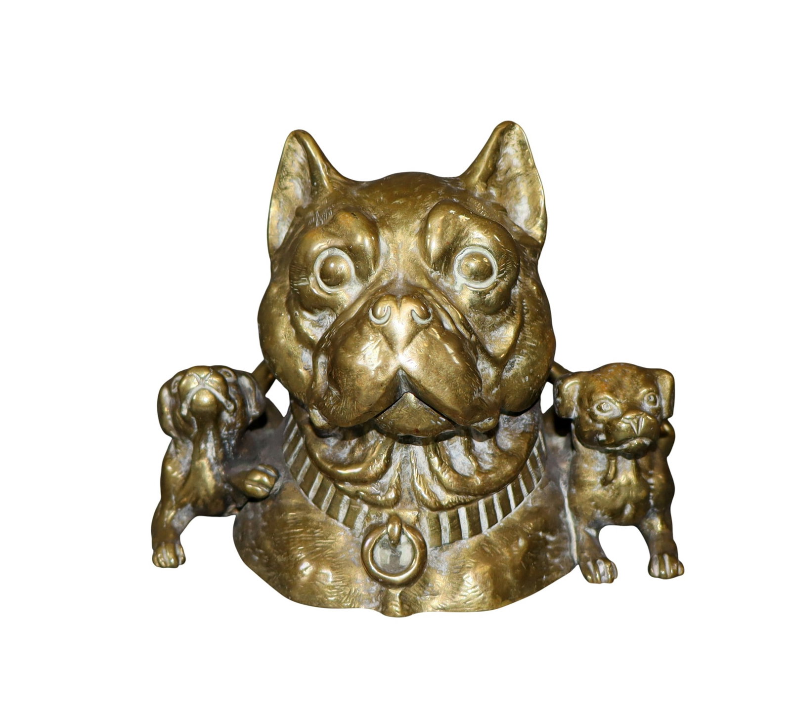 French polished bronze inkwell with bulldog and 2 puppies: French polished bronze inkwell with bulldog and 2 puppies. Early 20th century. 4"h x 4 1/2"w x 3"d. Weight: 2 lbs
