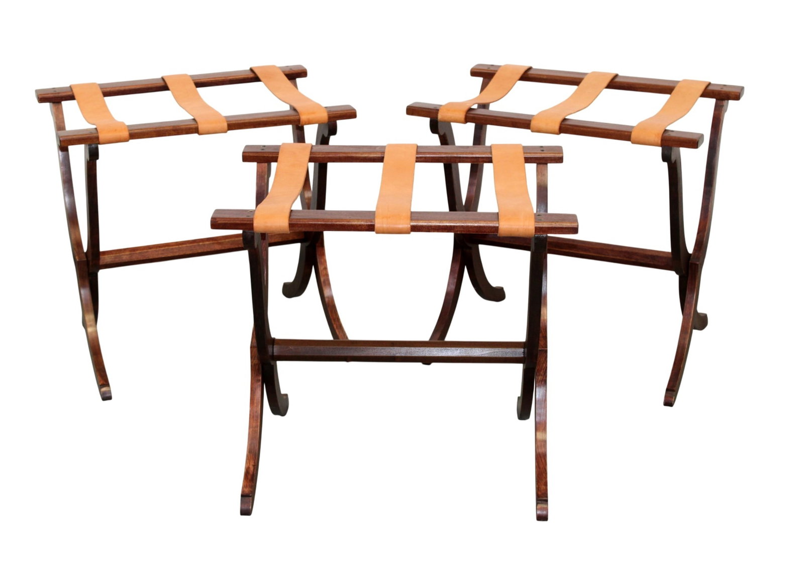 Lot of 3 vintage foldable mahogany and leather strap luggage racks: Lot of 3 vintage foldable mahogany and leather strap luggage racks. 21"h x 22 1/4"w x 15"d
