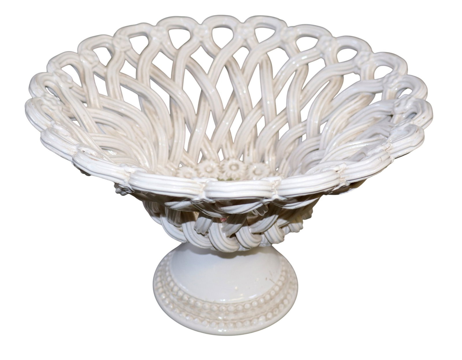 French Pichon basket weave ceramic footed compote: French Pichon basket weave ceramic footed compote . Mid 20th century. 8"h x 11 3/4" dia Weight: 3lbs