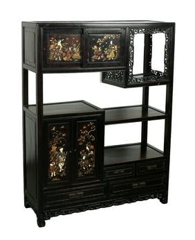 Japanese Shodana ebonzied cabinet: Japanese Meiji Period carved Shibayama Shodana cabinet with inlays. 41 5/8"h x 31 1/4"w x 11 1/4"d