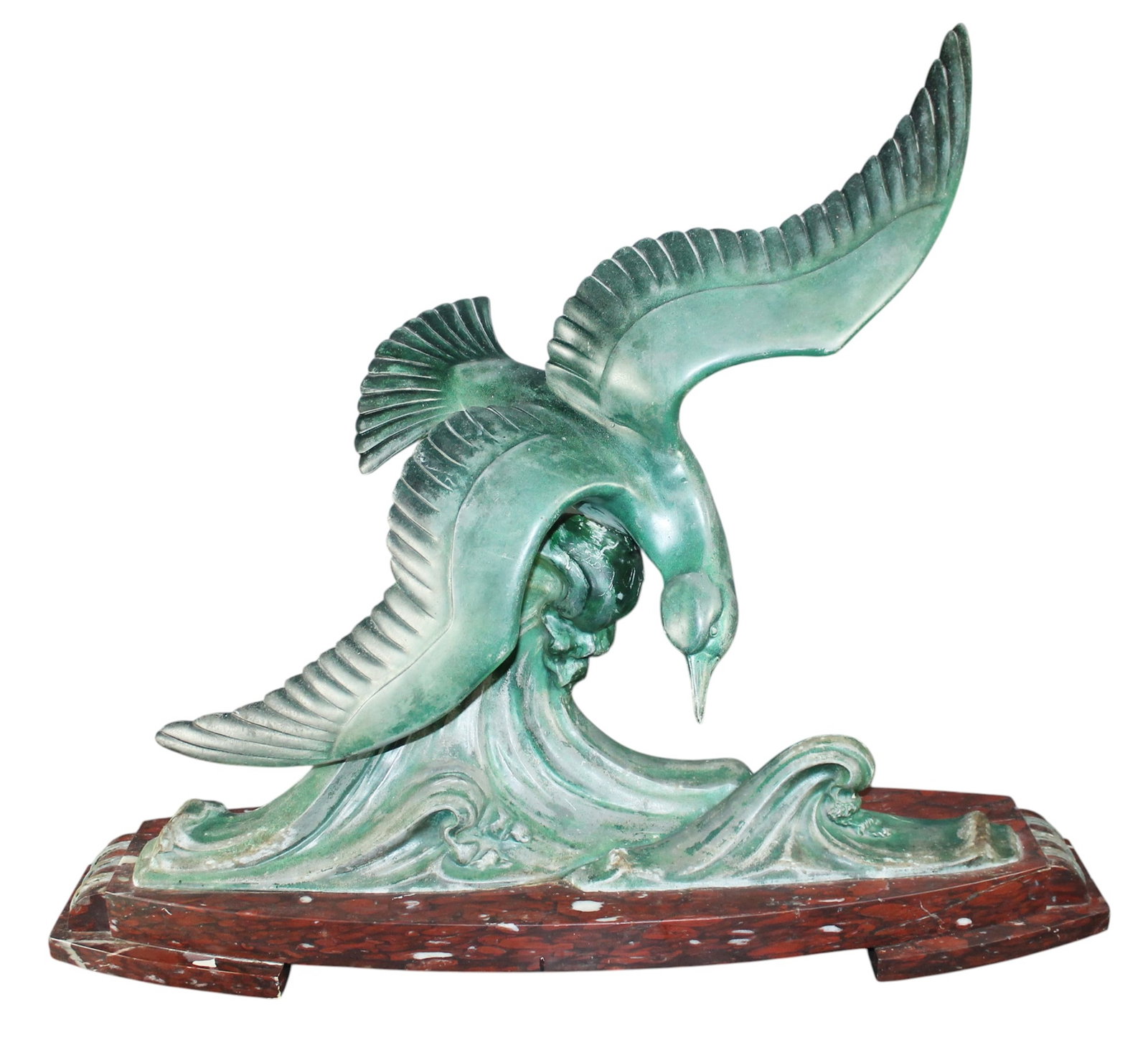 French Art Deco painted metal sculpture of seagull on marble base: French Art Deco painted metal sculpture of seagull on marble base. Mid 20th century. 25 1/4"h x 30 1/2"w x 11 1/2"d (approx.). Weight: 60lbs