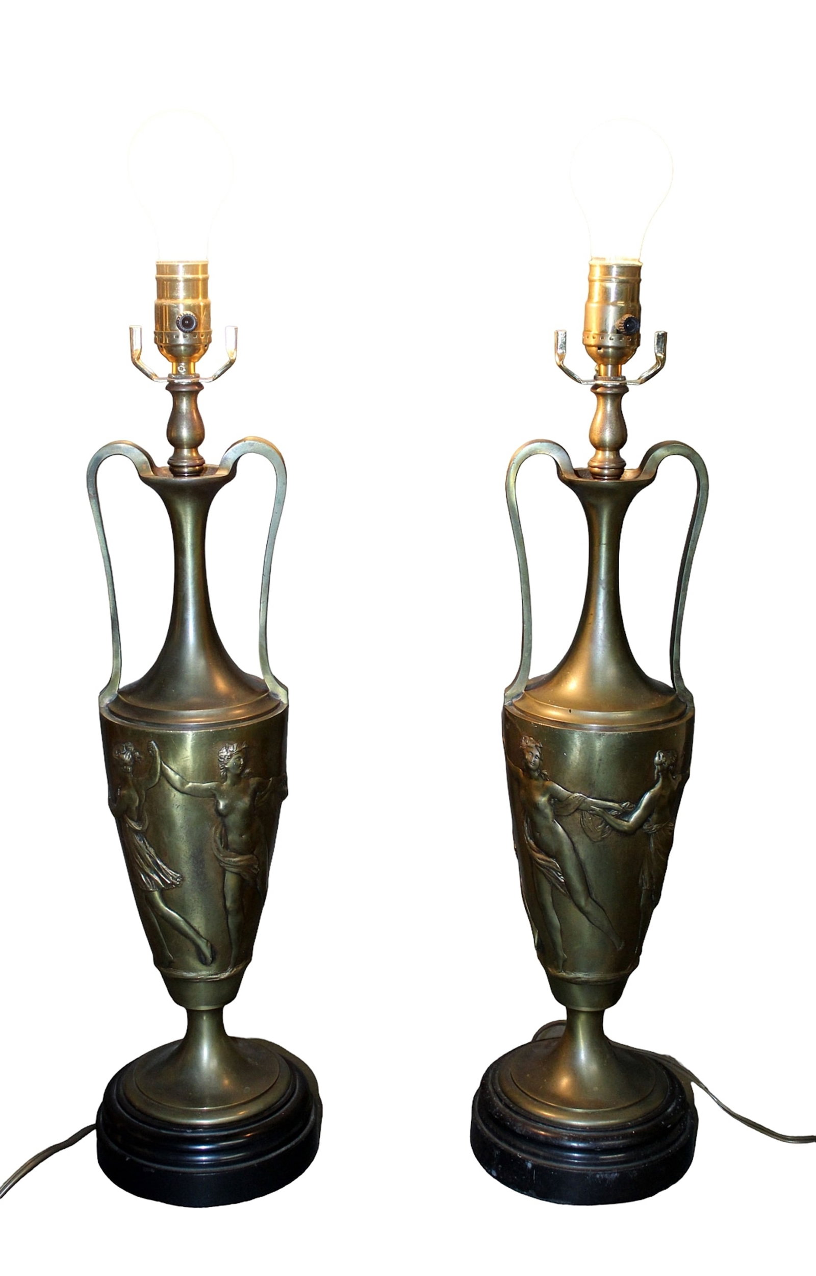 Pair of classical double handled urn form bronze lamps (1 of 10)