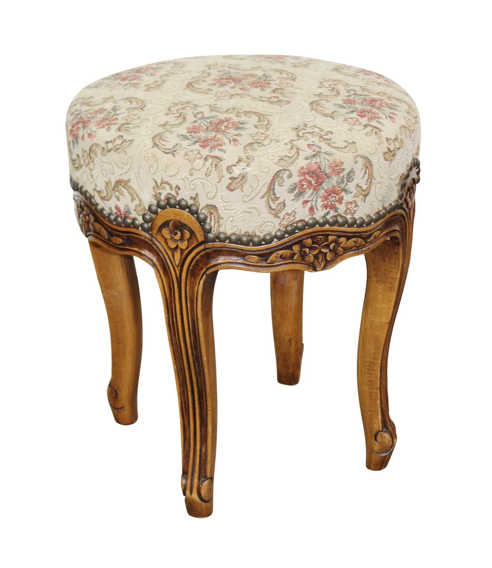 French Louis XV style round seat carved walnut stool with upholstered seat. (1 of 5)
