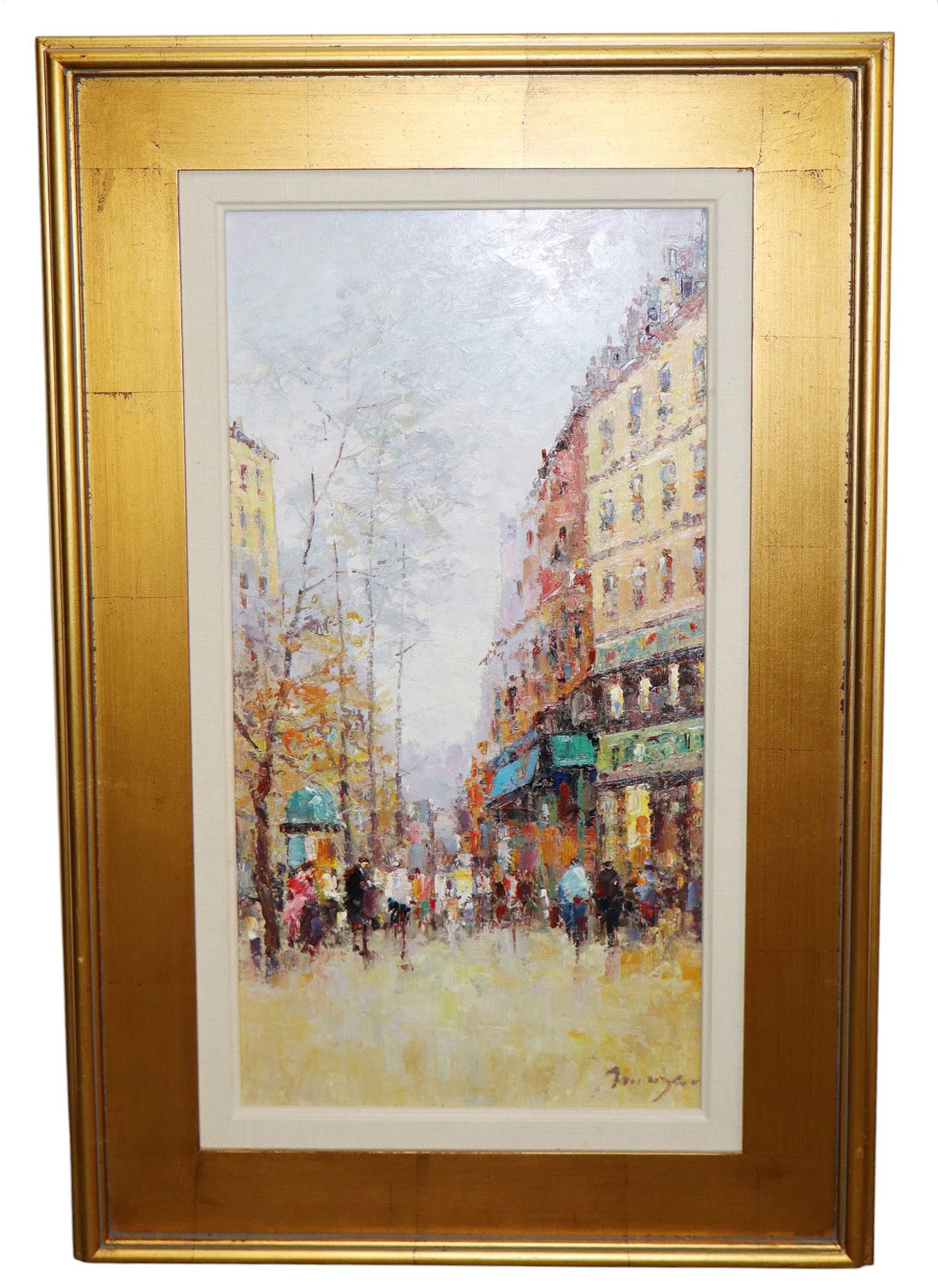 Oil on canvas painting Paris street scene: Oil on canvas painting of Paris street scene. Modern. Overall: 32 1/8"h x 20 1/8"w x 1 1/4"d