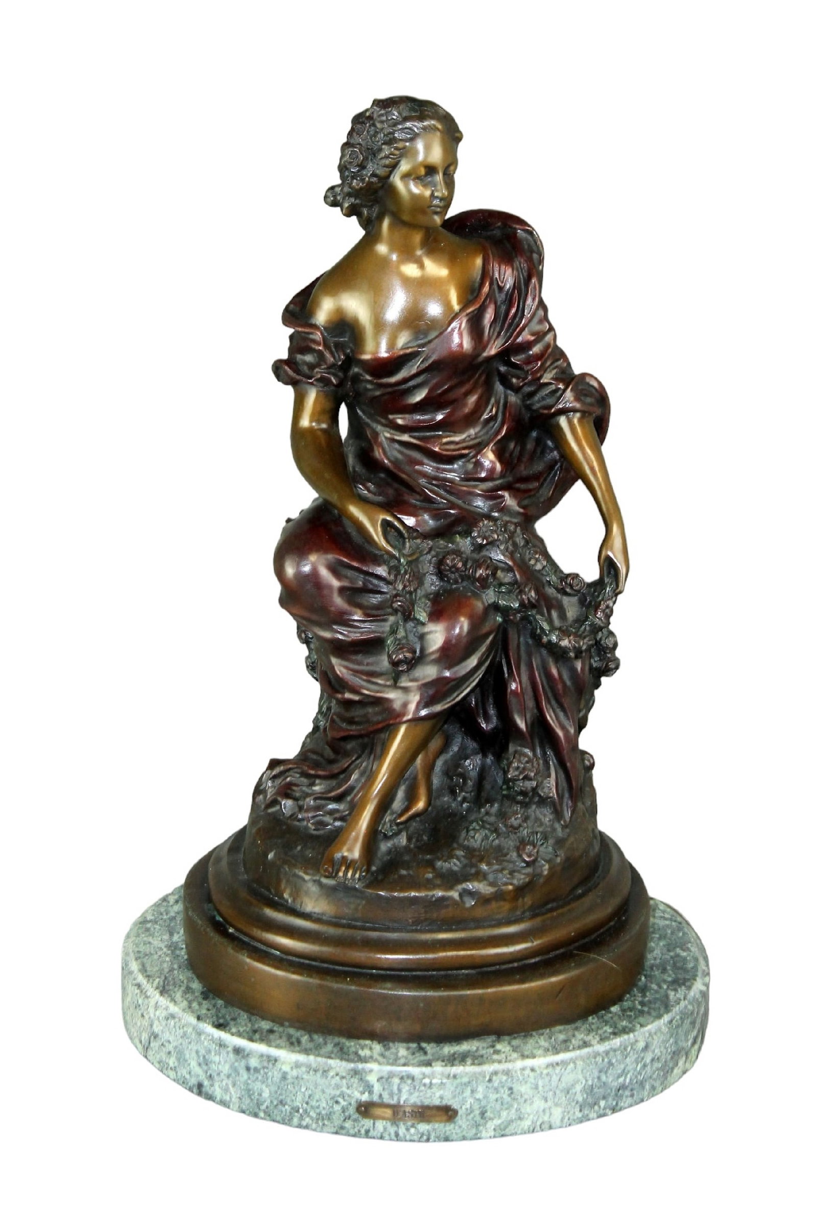 Bronze statue of seated woman with flowers on marble base after Joseph D'Aste: Bronze statue of seated woman with flowers on marble base after Jospeh D'Aste. Signed in casting J.D Aste. Late 20th century. 20 1/2"h x 12 1/2"dia. Weight: 36 lbs.