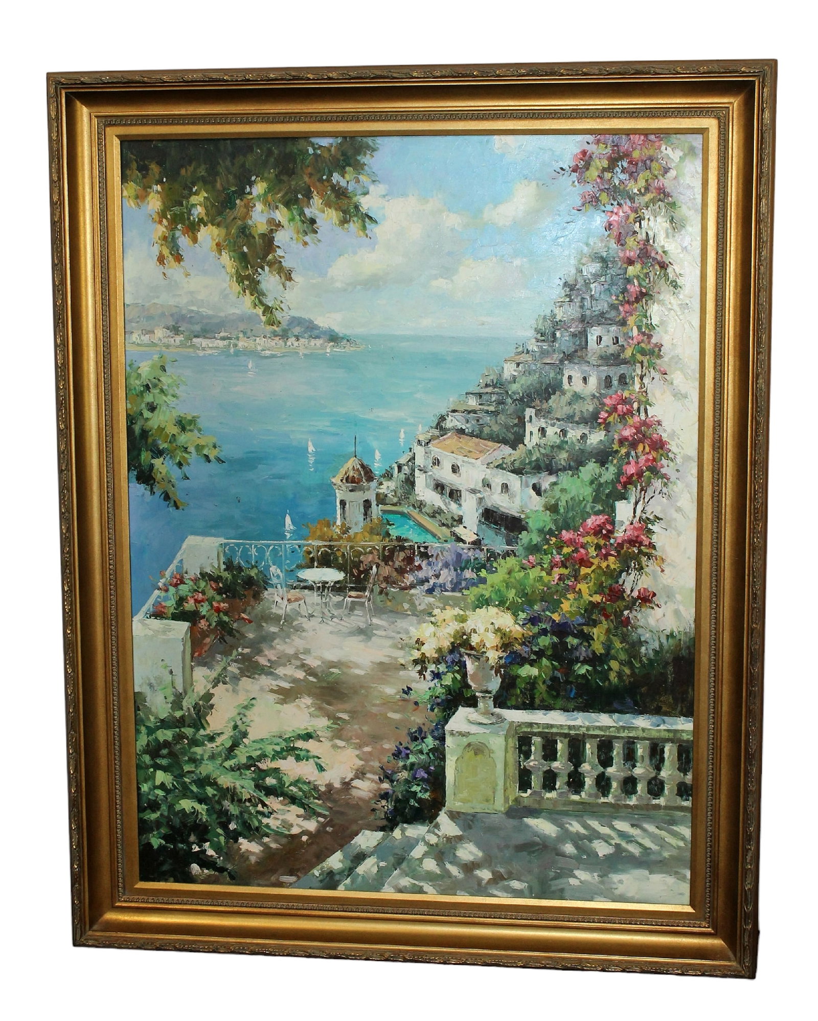 Large scale Oil on canvas painting Mediterranean coast: Oil on canvas painting depicting Mediterranean landscape in gilt frame. Late 20th century. 56 1/4"h x 44 1/4"w overall framed size. 48"h x 36"w canvas size