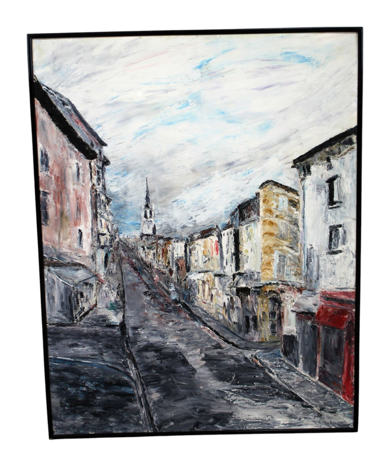 French oil on canvas painting of Villefranche sur Saone: French oil on canvas painting of Villefranche sur Saone. Dated on back 1989. Overall size 46 1/2"h x 35 1/2"w overall