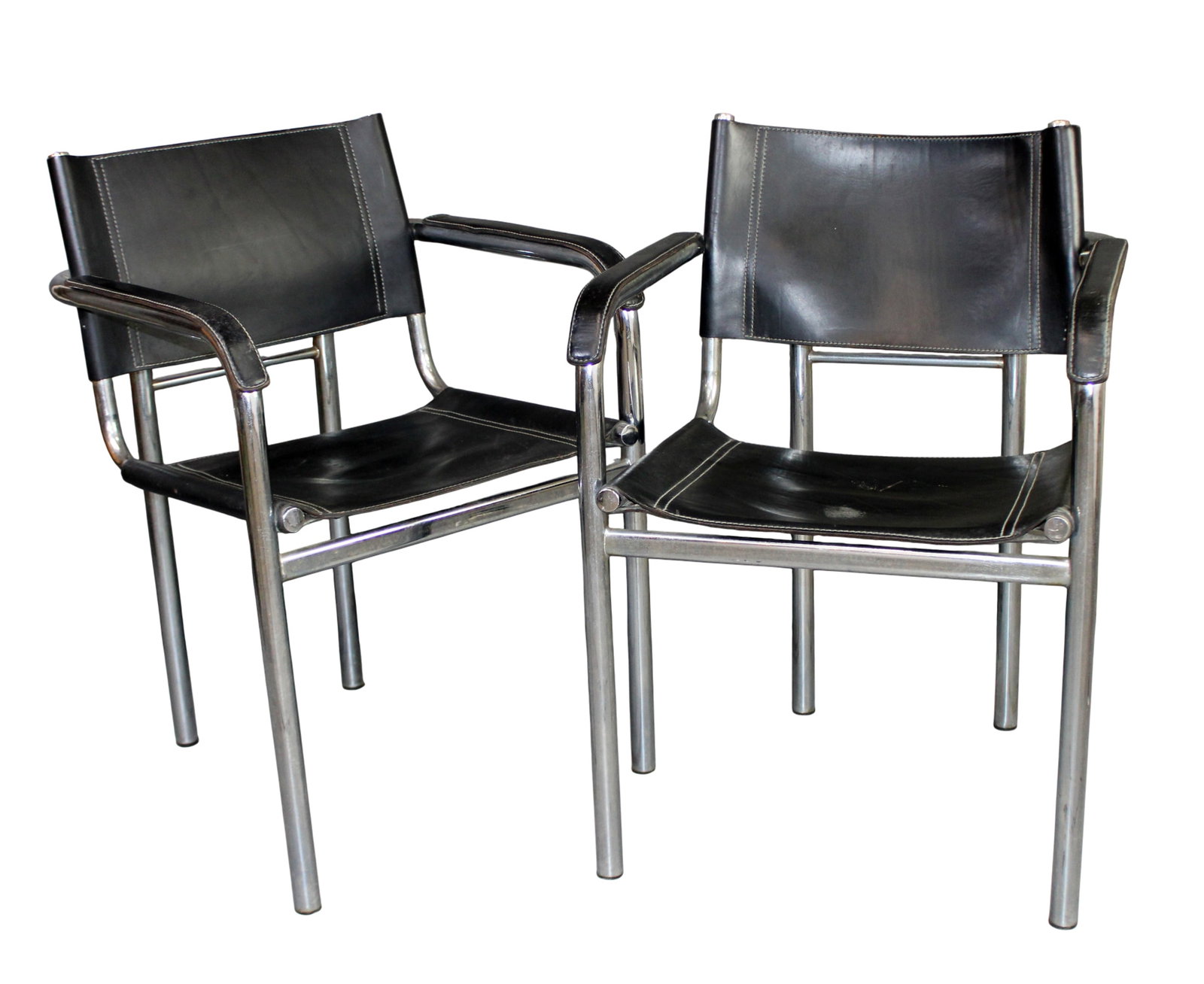 Pair of French mid century chrome and black leather arm chairs (1 of 7)