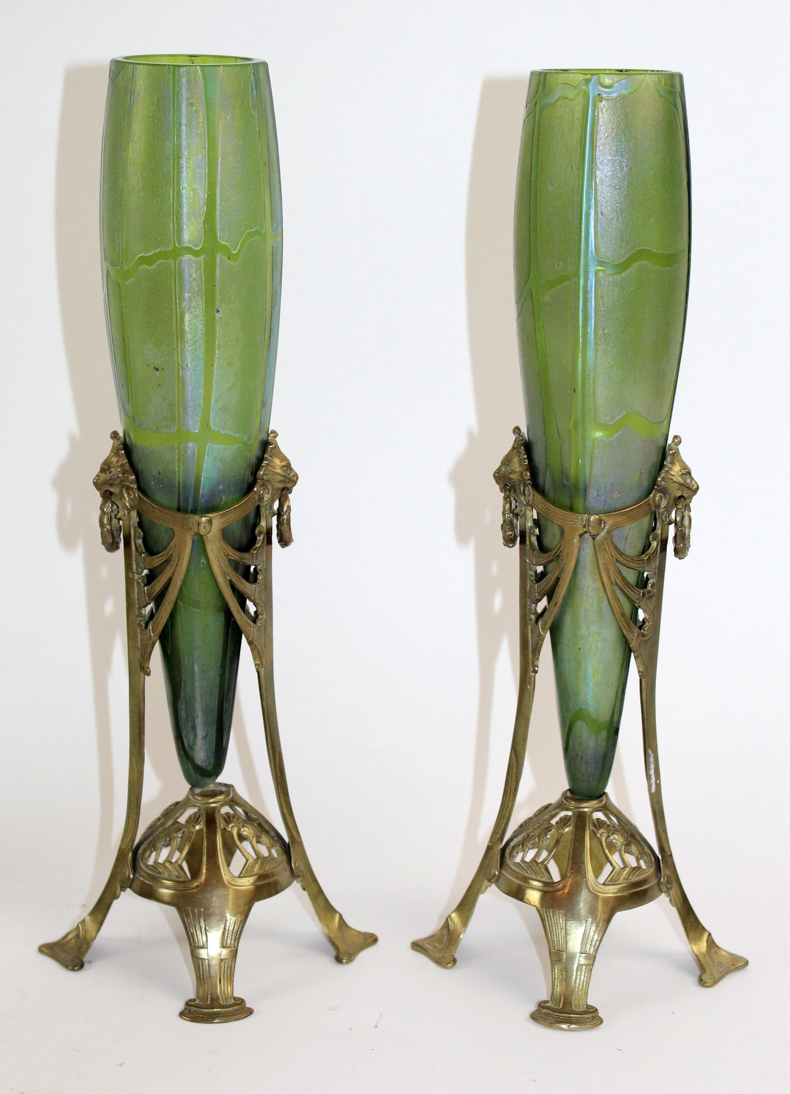 Pair of Kralik Art Deco art glass vases in bronze stands (1 of 2)