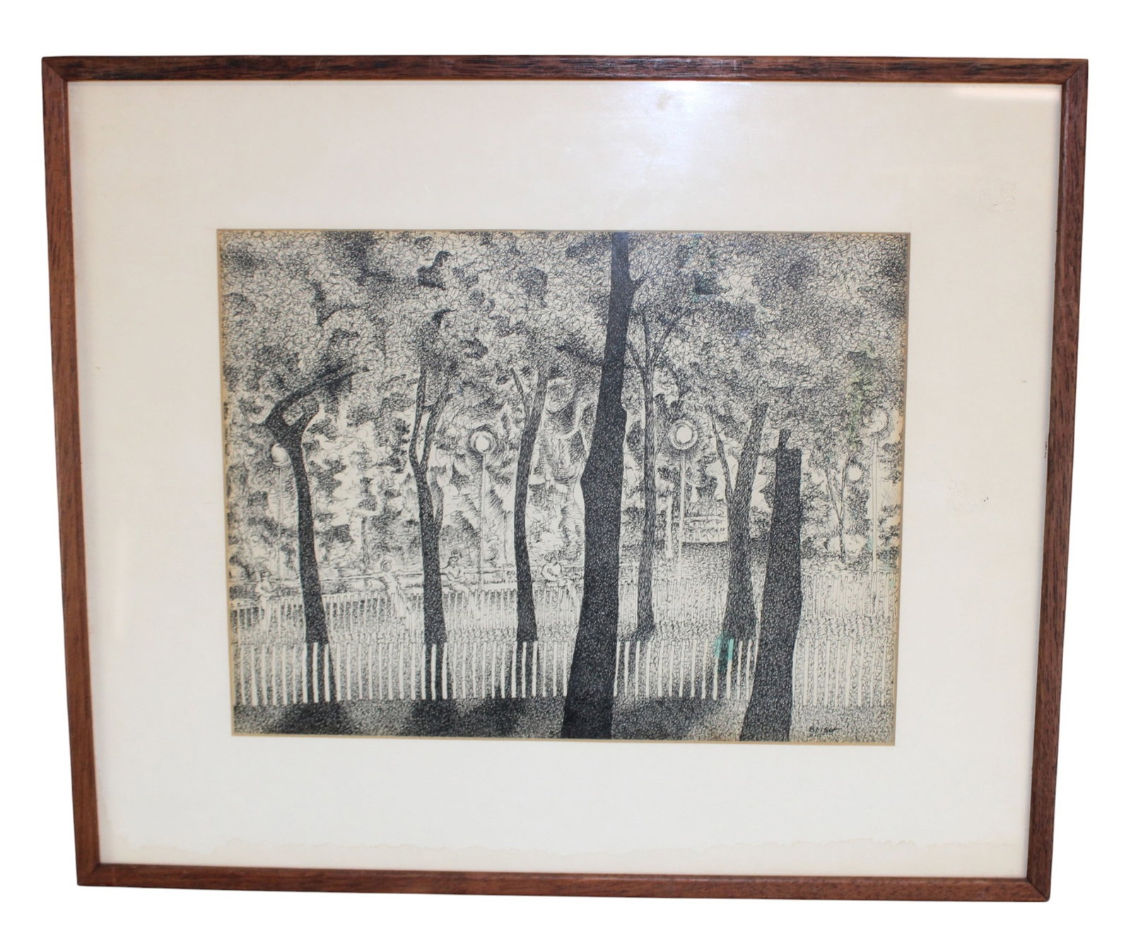 Pen and ink drawing Park At Night signed and dated B. Lish 11-12-72 (1 of 9)