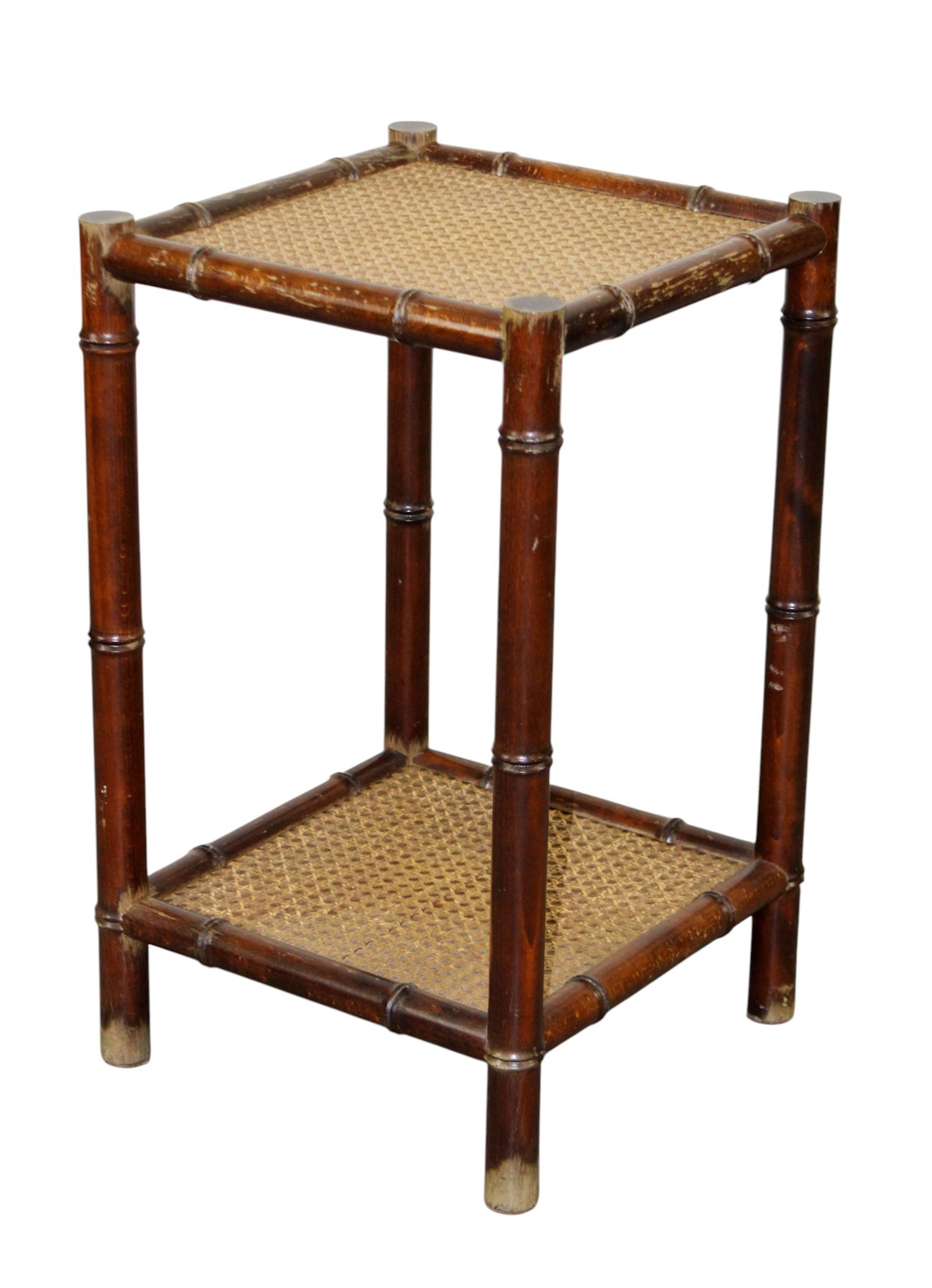 Small French faux bamboo side table with caning: Small French faux bamboo side table with caning. Mid 20th century. 22 3/4"h x 14"sq