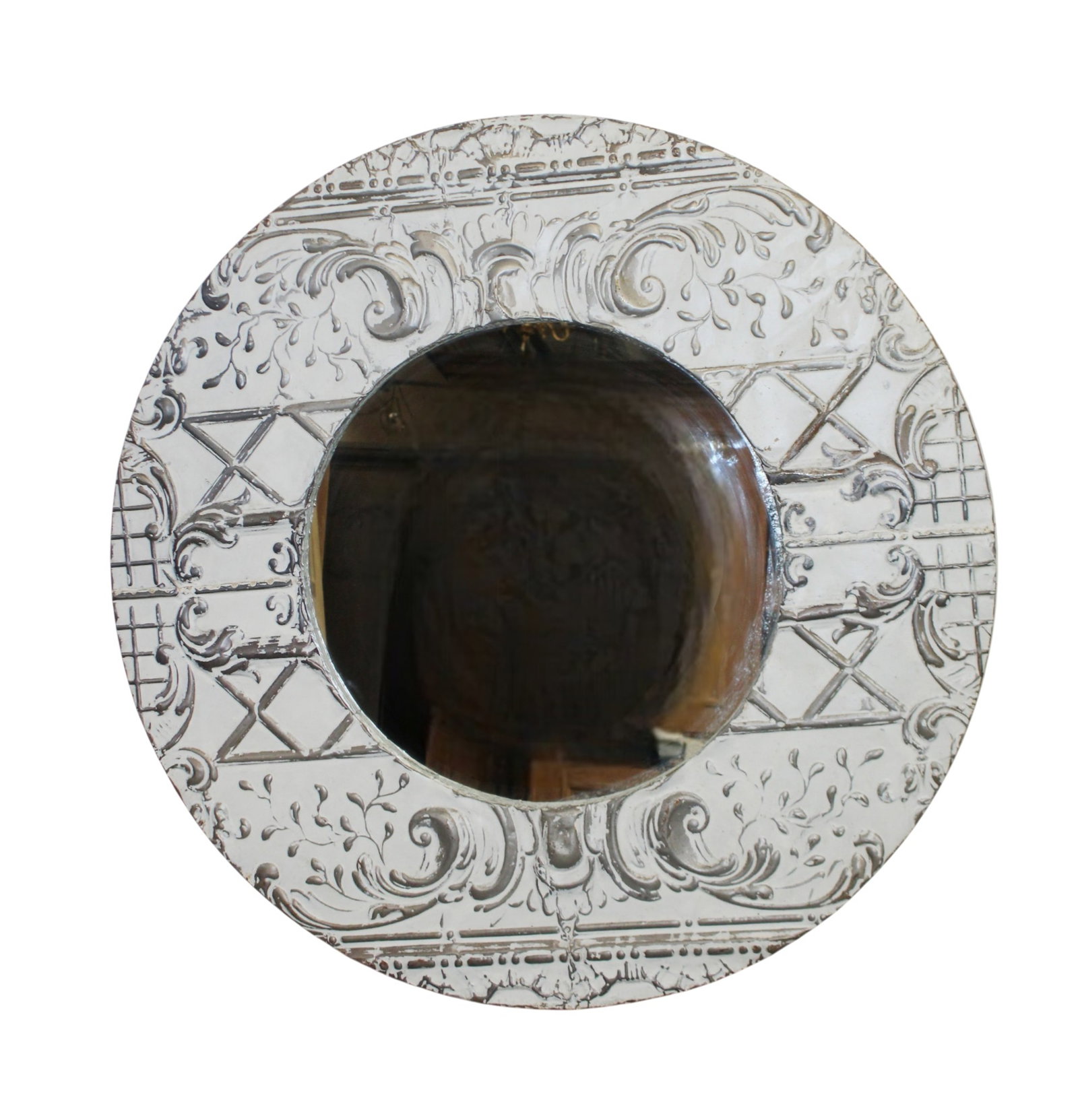 Reclaimed tin celing tiles made into round mirror (1 of 6)