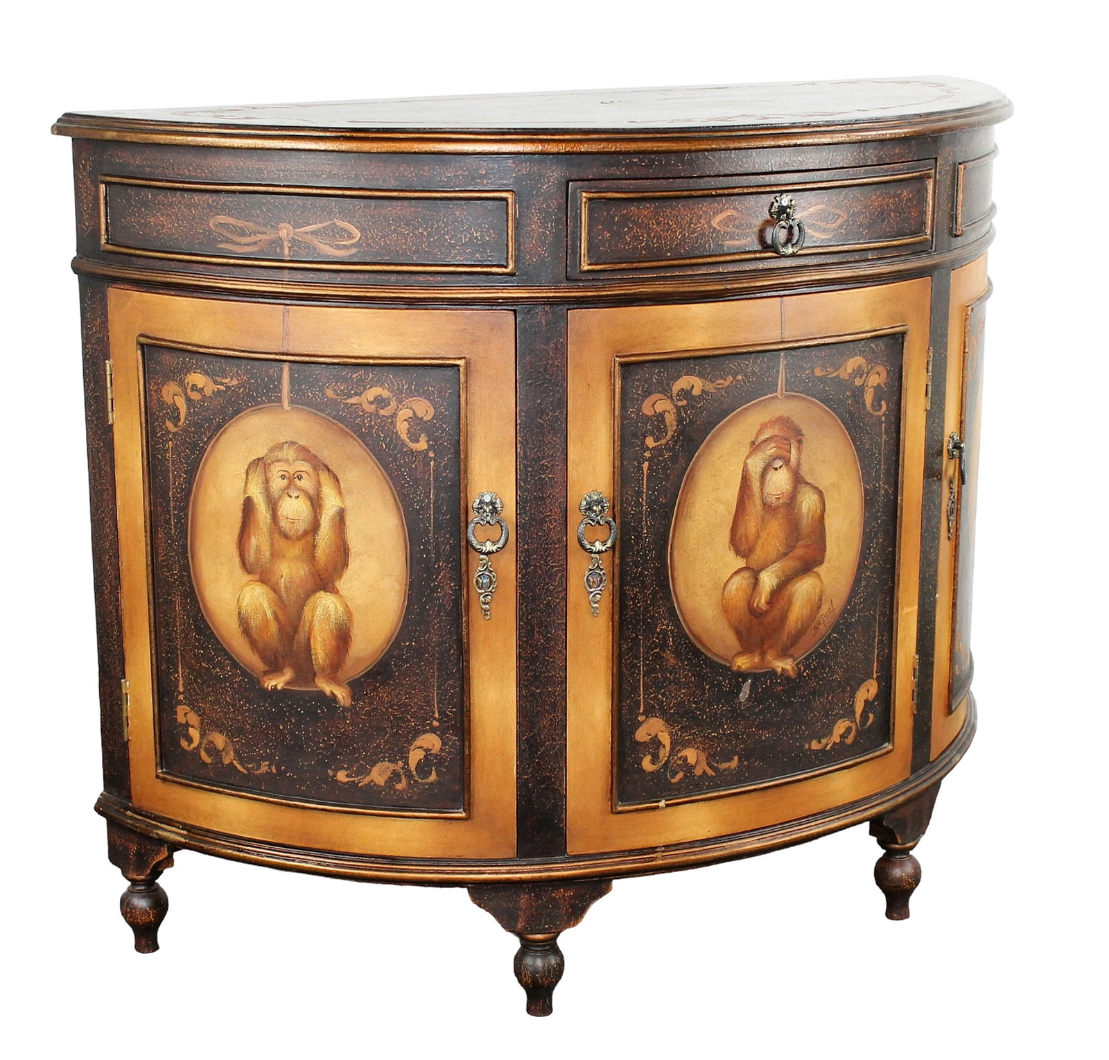 Painted demi lune cabinet with monkeys (1 of 9)