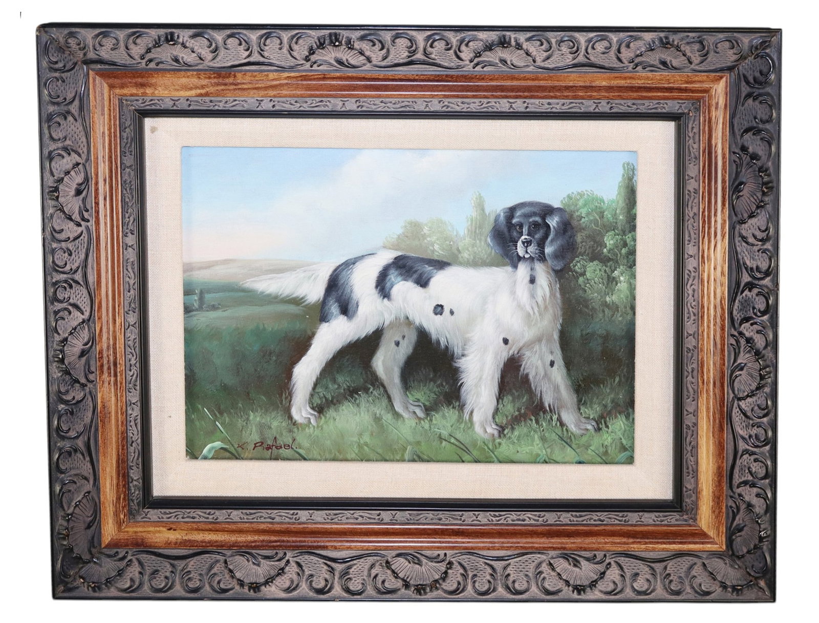 Oil on canvas painting of black & white Spaniel signed l/l K. Rafael: Oil on canvas painting of black & white Spaniel. Signed l/l K. Rafael. Overall: 14 1/2"h x 17 1/2"w. Sight size: 8" x 11 1/8"w. Weight: 4lbs