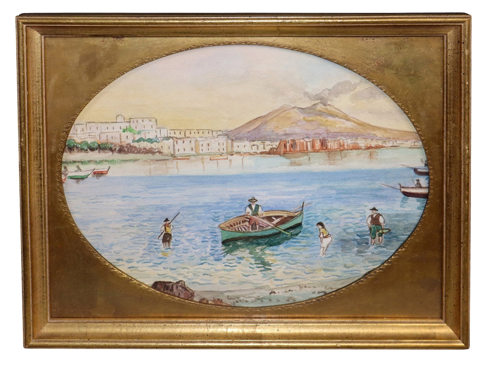Italian watercolor painting on paper depicting Napoli by E. Corasteshi.Signed under mat. (1 of 8)