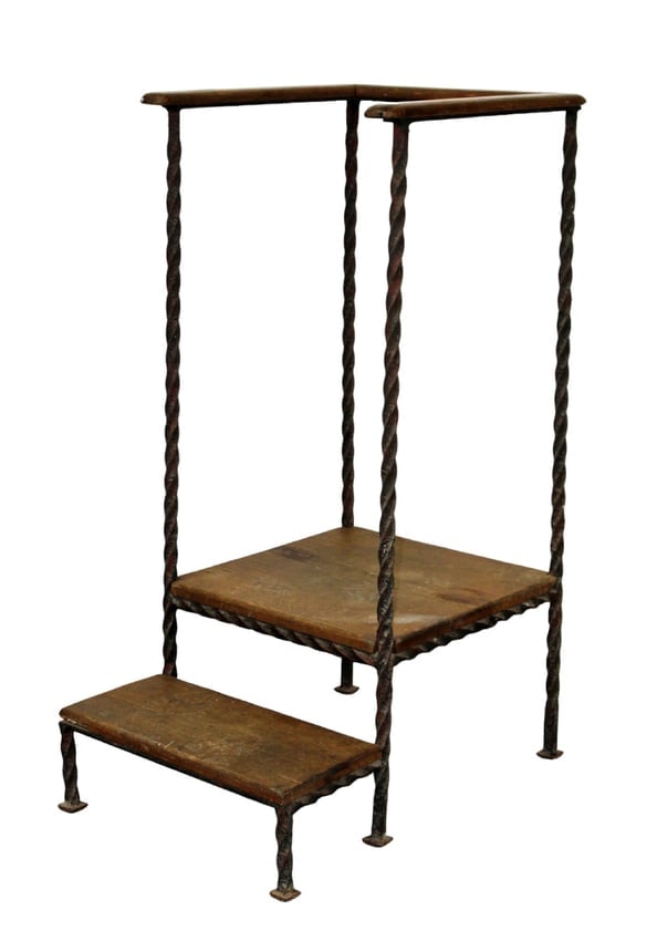 French 2 step altar stand in oak with twisted iron rail (1 of 7)