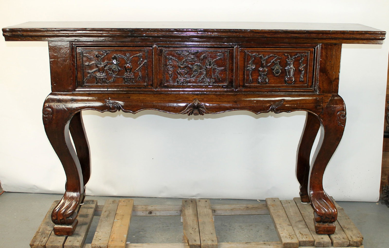 Chinese relief carved tall altar console with drawers: Chinese relief carved tall altar console with 3 drawers. 45"h x 76 1/4"w x 18 1/2"d