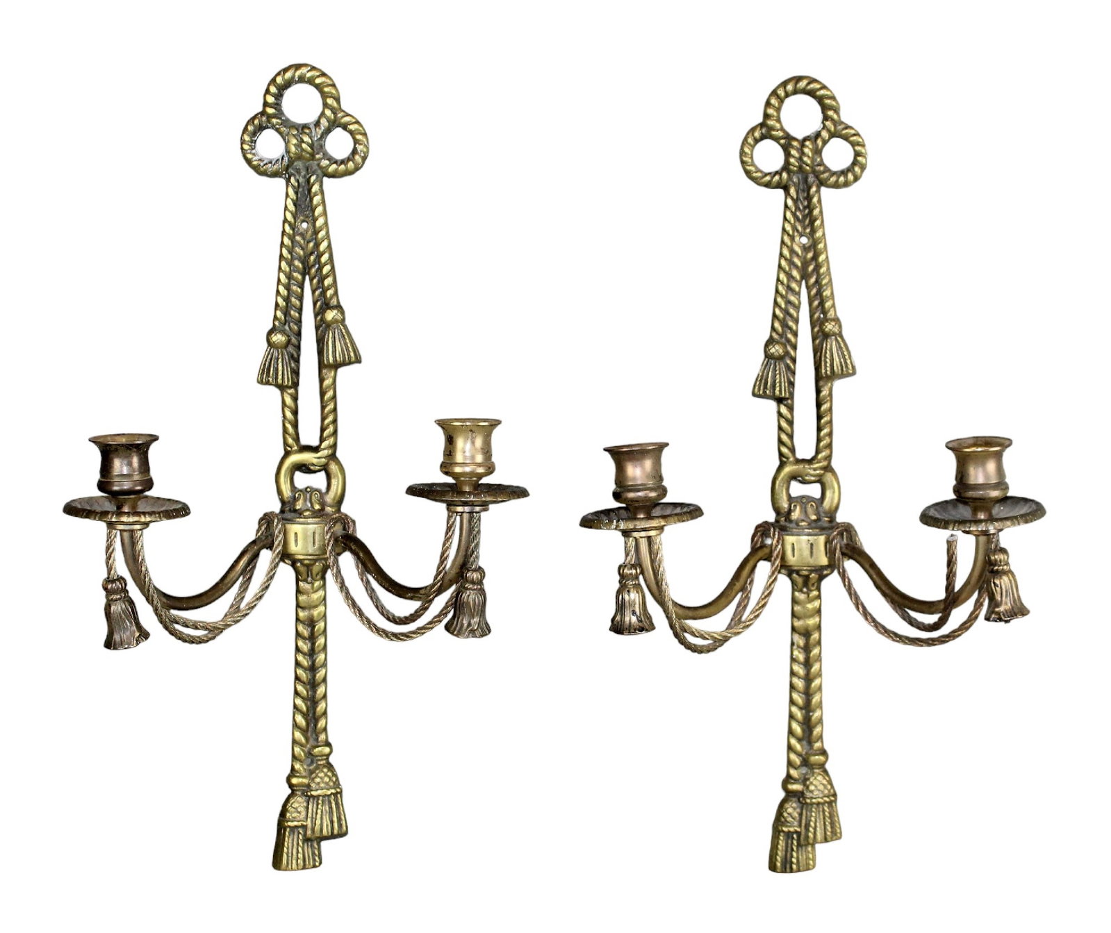 Pair of vintage brass rope garland 2 arm candle sconces: Pair of vintage brass rope garland 2 arm candle sconces. Mid 20th century. 18"h x 10"w x 4 1/4"d Combined weight 5lbs