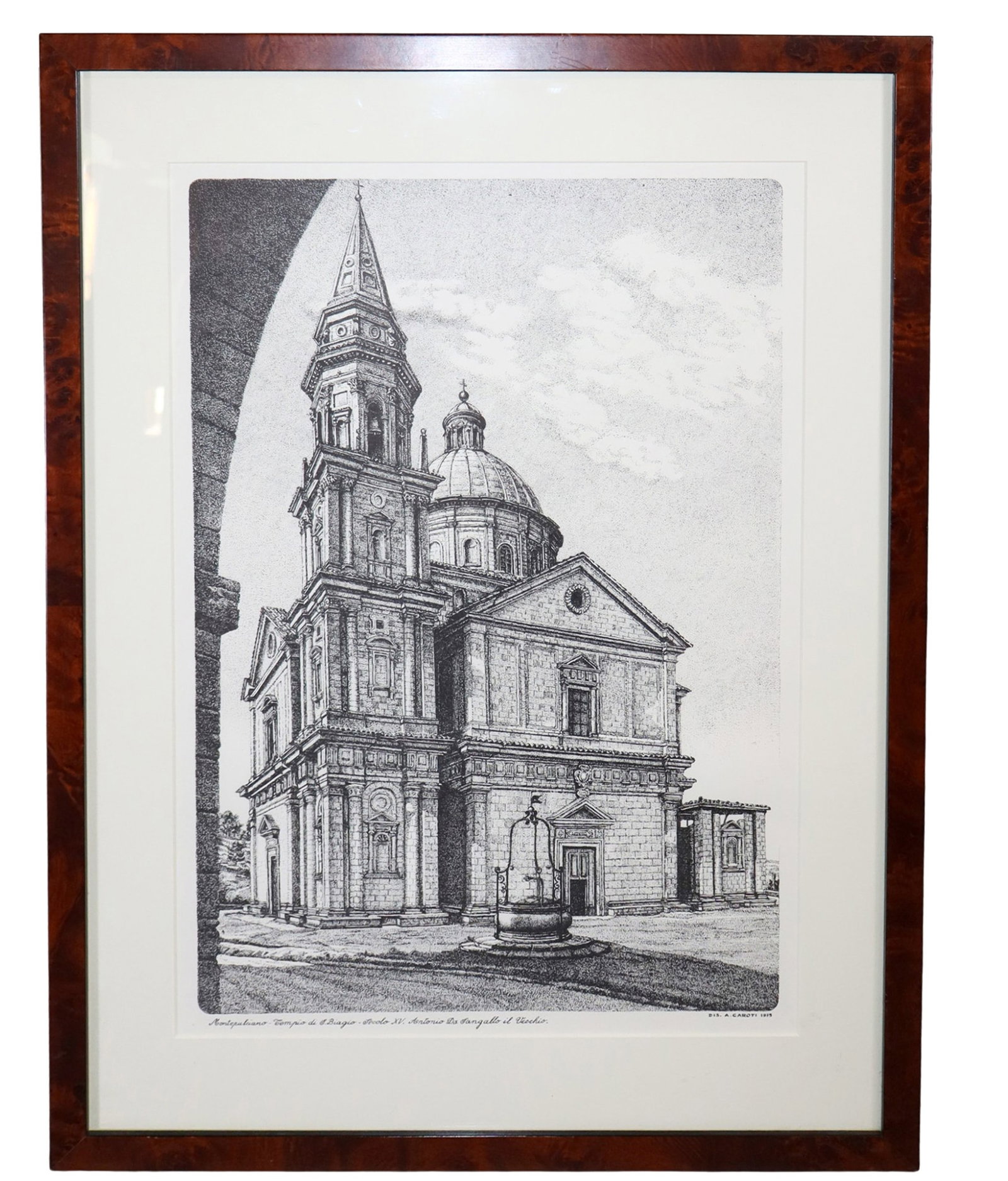 Framed Italian print depicting Montepulciano scene marked 1975 (1 of 6)