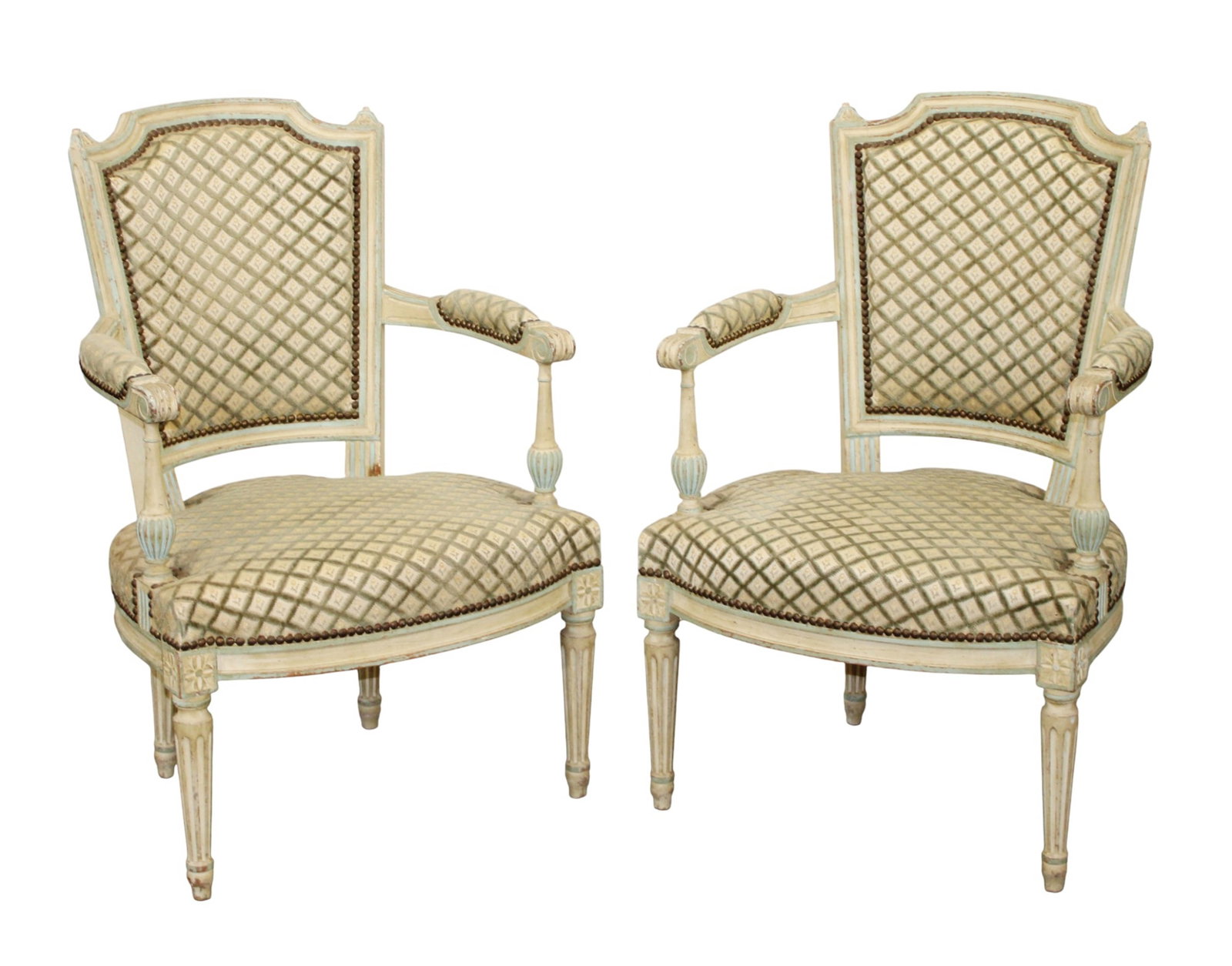 Pair of French Louis XVI style upholstered armchairs and fluted tapered legs (1 of 11)