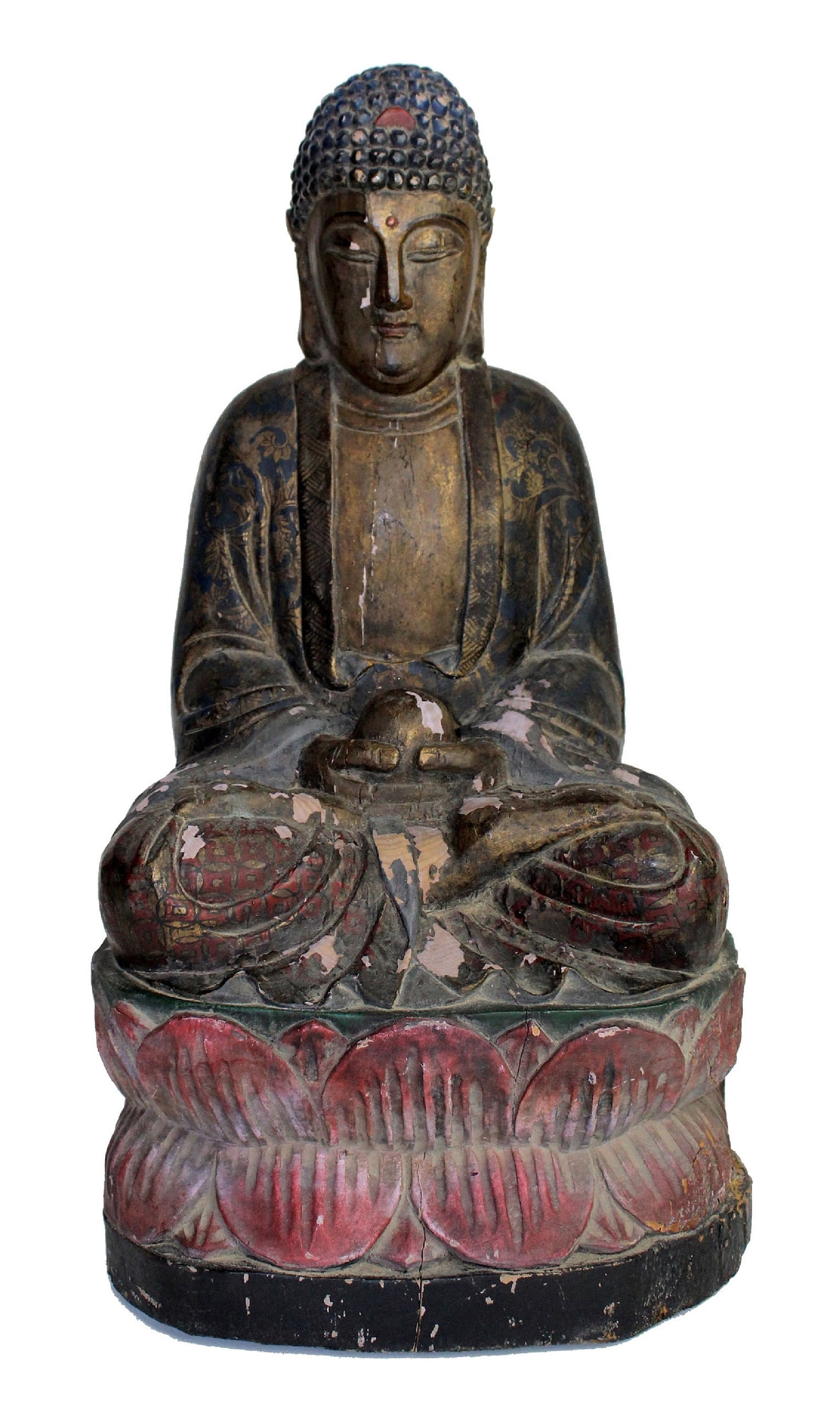 Chinese carved polychrome wooden sculpture seated Buddha on lotus flower (1 of 8)