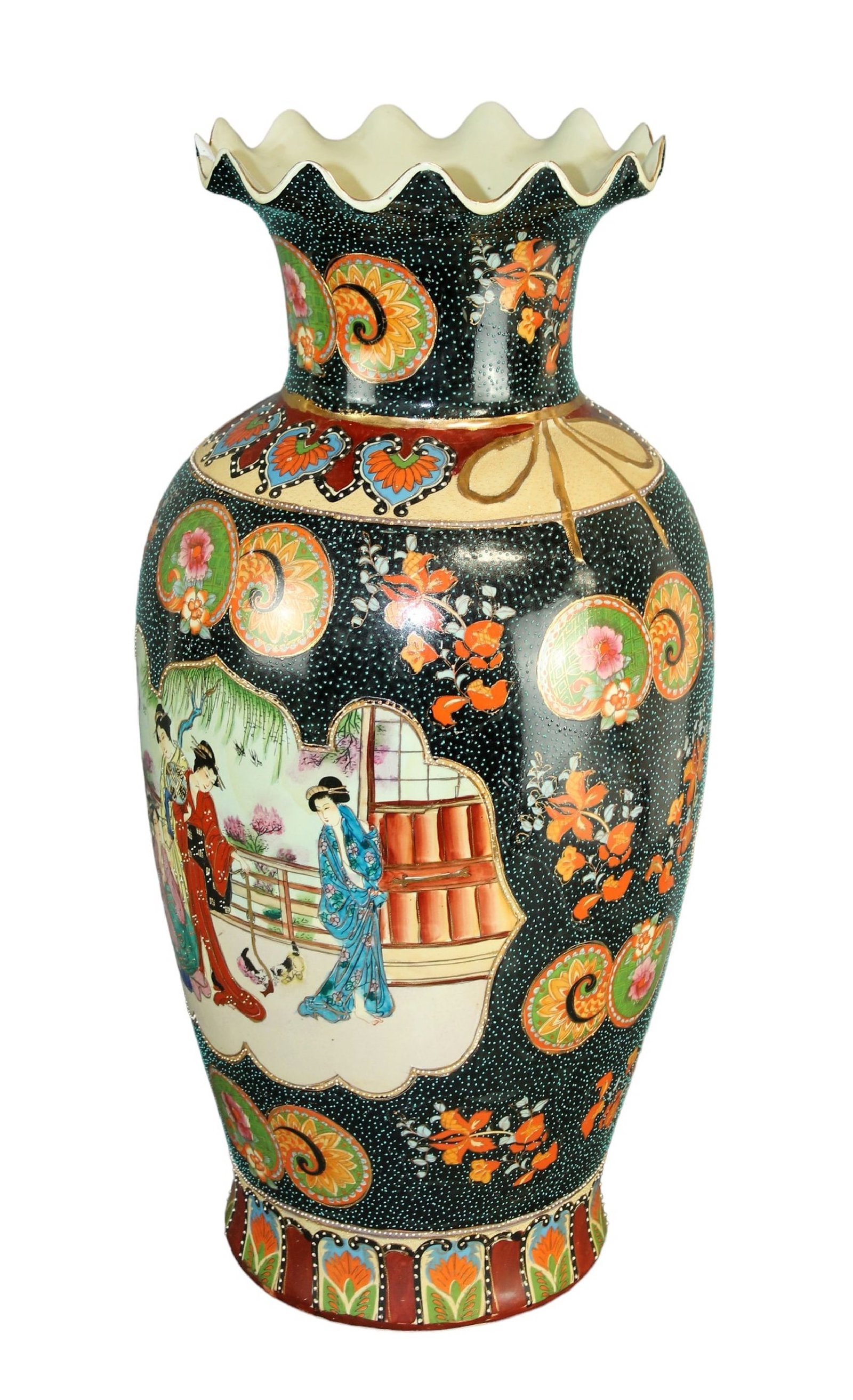Vintage Satsuma style vase: Vintage Satsuma style vase with ruffle edge. Late 20th century. 24"h x 12" dia. Weight: 17lbs
