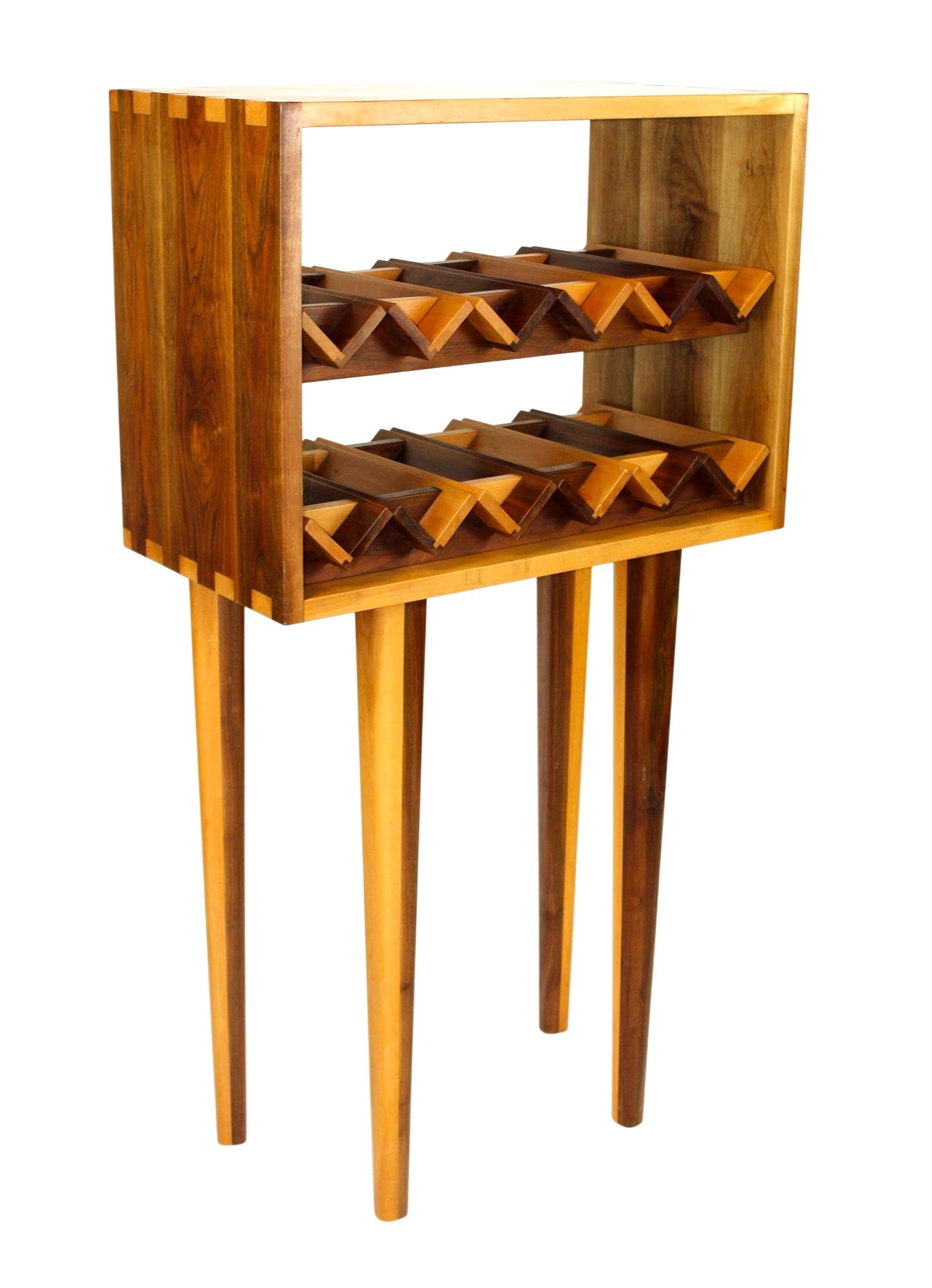 Italian design olive wood wine rack on legs: Italian design olive wood wine rack on legs. Holds 12 bottles. 20th century. 61 1/84"h x 33"w x 17 1/4"d