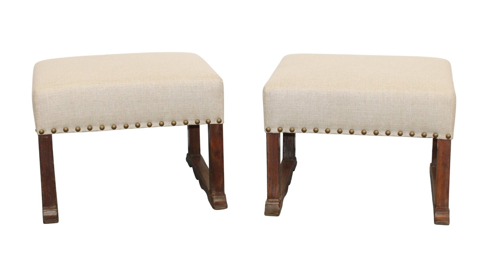 Pair of English upholstered stools on oak legs (1 of 5)