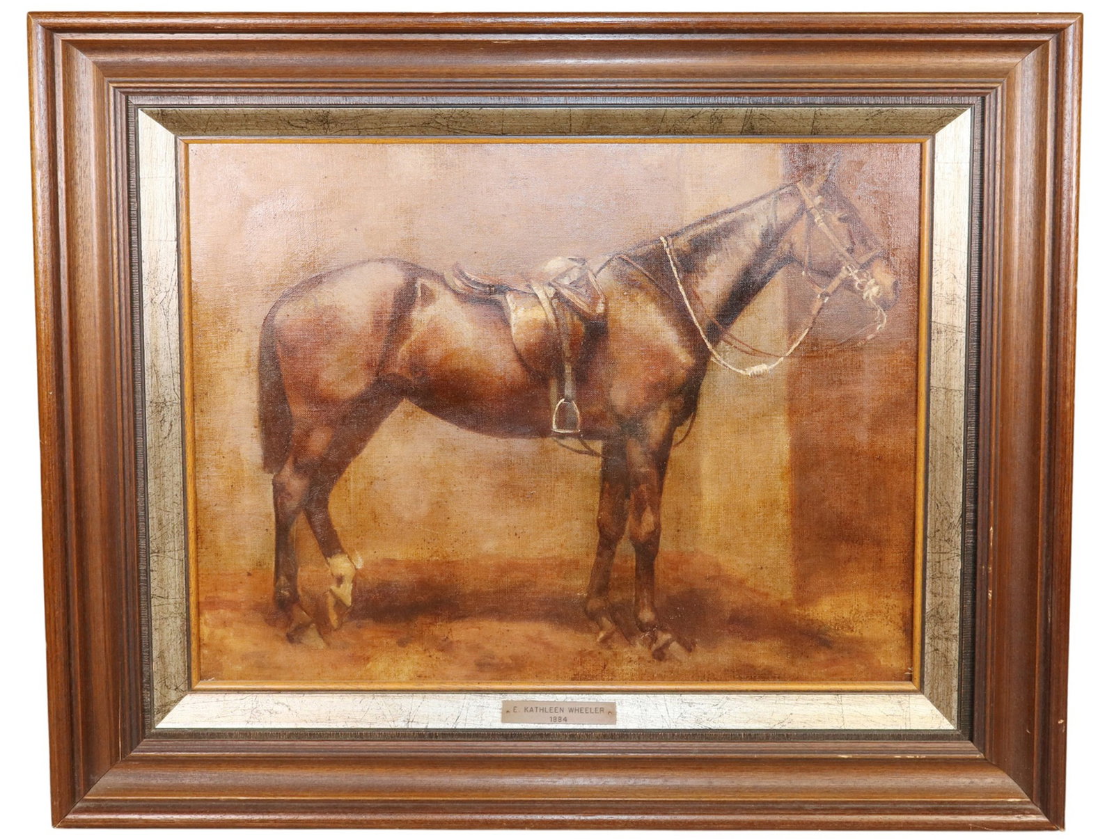 English oil on canvas painting of horse with plaque E Kathleen Wheeler 1884 (1 of 11)