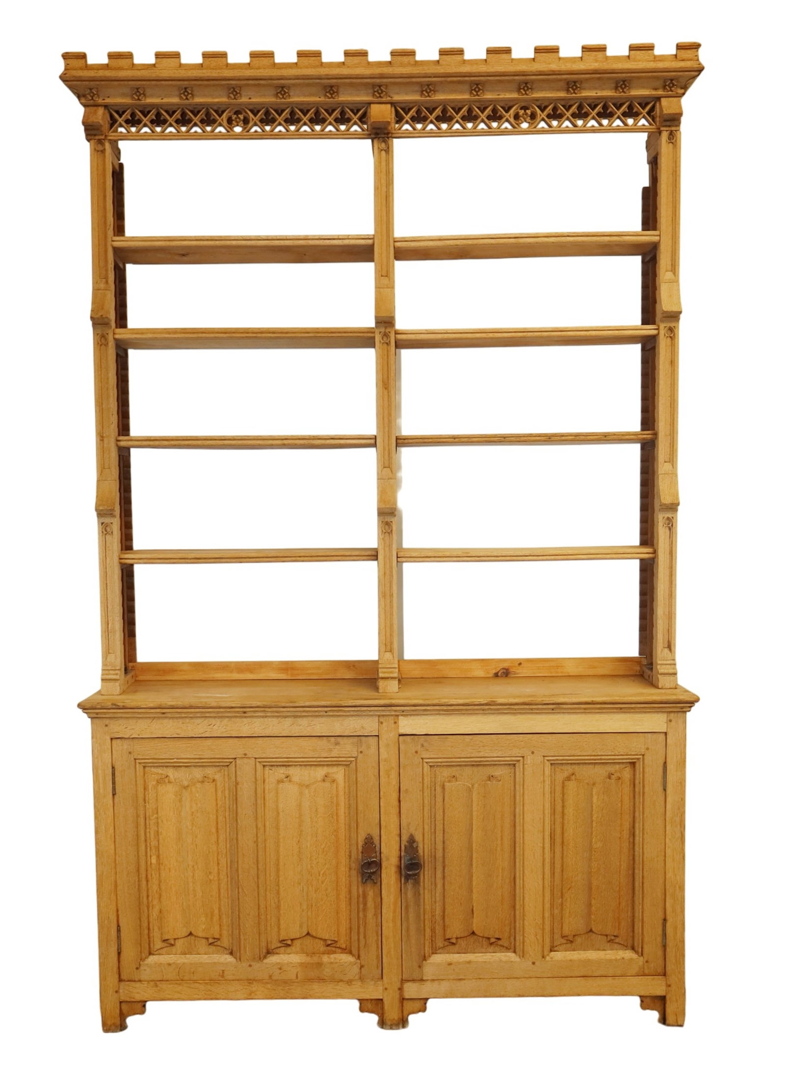 French Neo-Gothic open shelf bookcase in bleached oak (1 of 5)